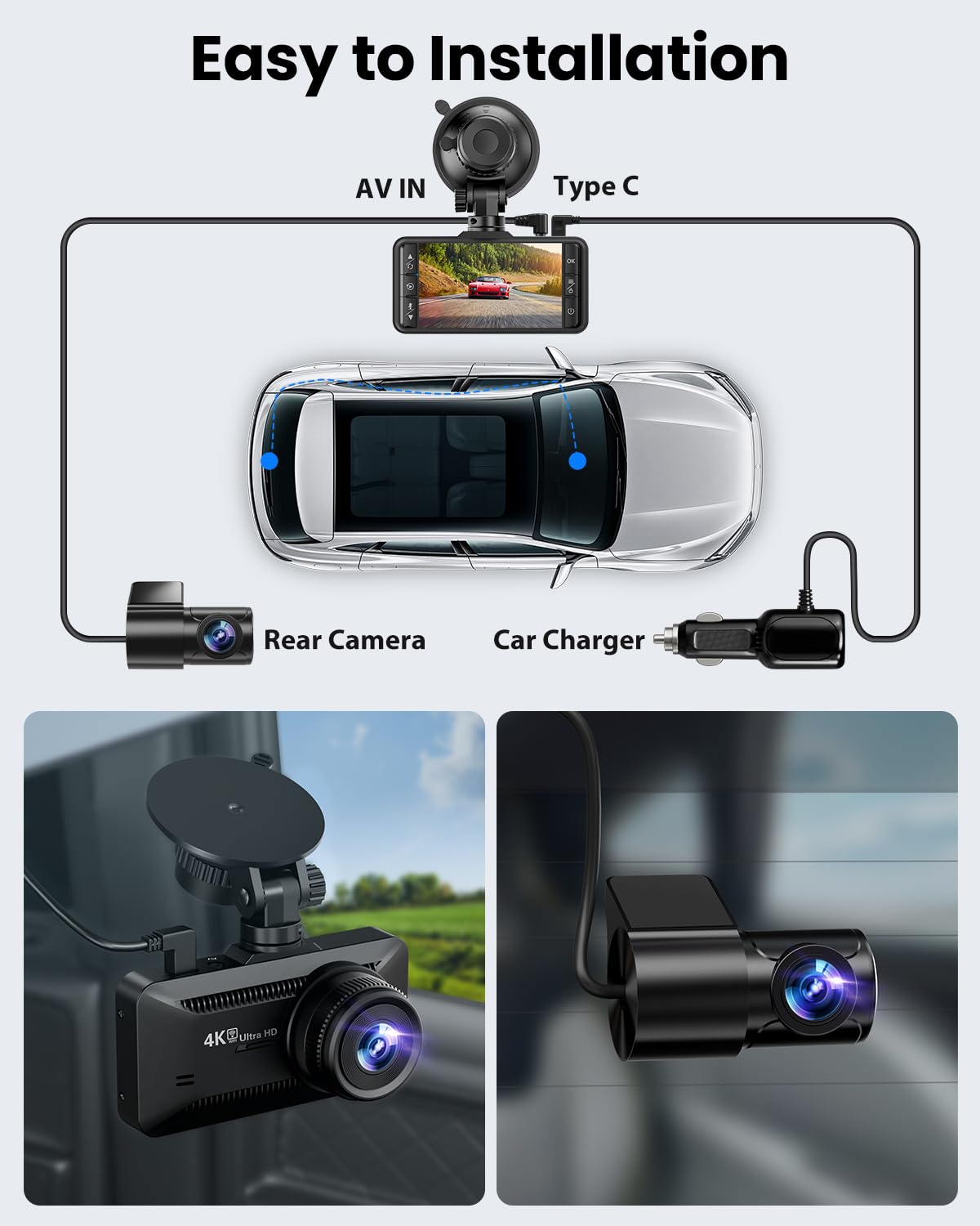 Dash Cam Front and Rear 4K/1080P, Dash Camera for Cars Build in WiFi, Full HD Dash Cam with APP Control, 3.94'' IPS Screen Dash Camera with 32GB SD Card, G-Sensor, 24Hr Parking Mote, Loop Recording