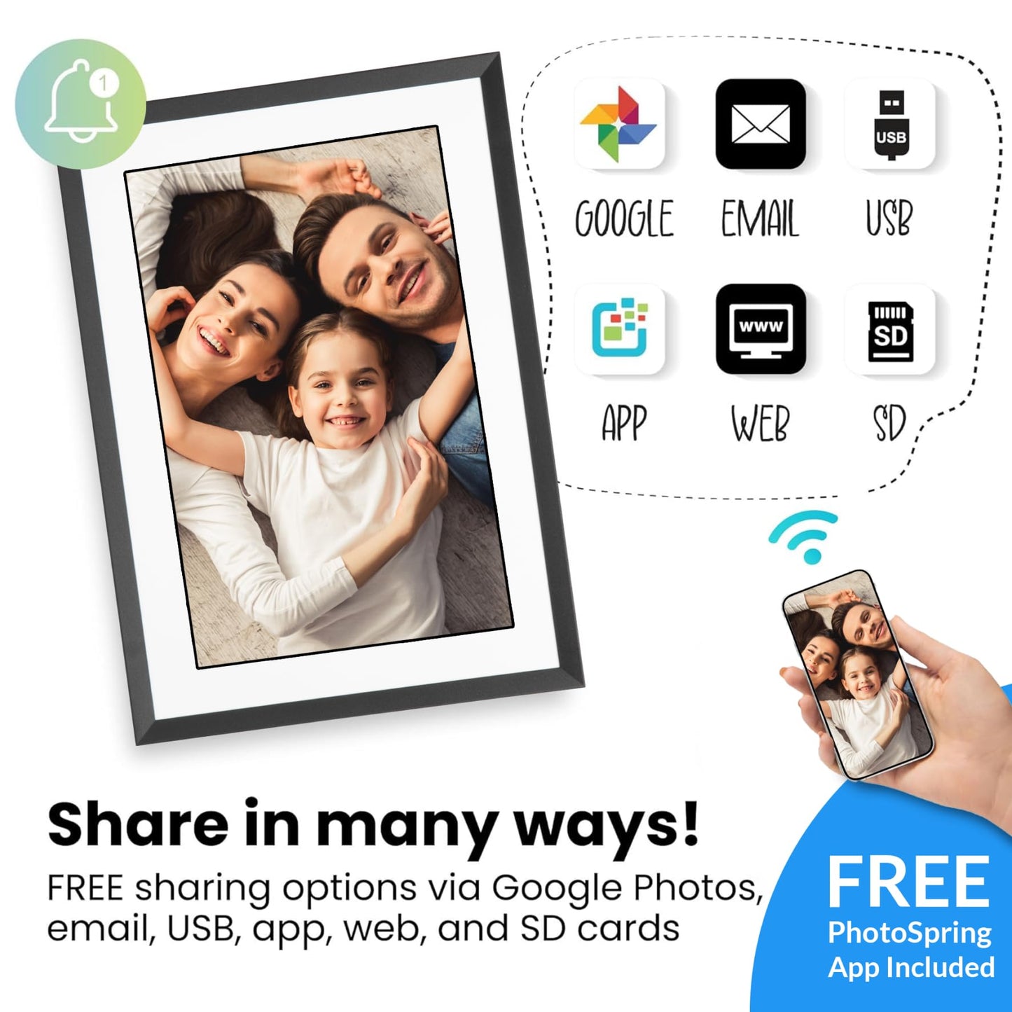 PhotoSpringㅤ 10 inch WiFi Digital Picture Frame | Send Photos by Email, Web or Our Free App | Electronic Picture Frame with Touchscreen &amp; 32GB Internal Memory | Easy Setup | Play Videos up to 5 min