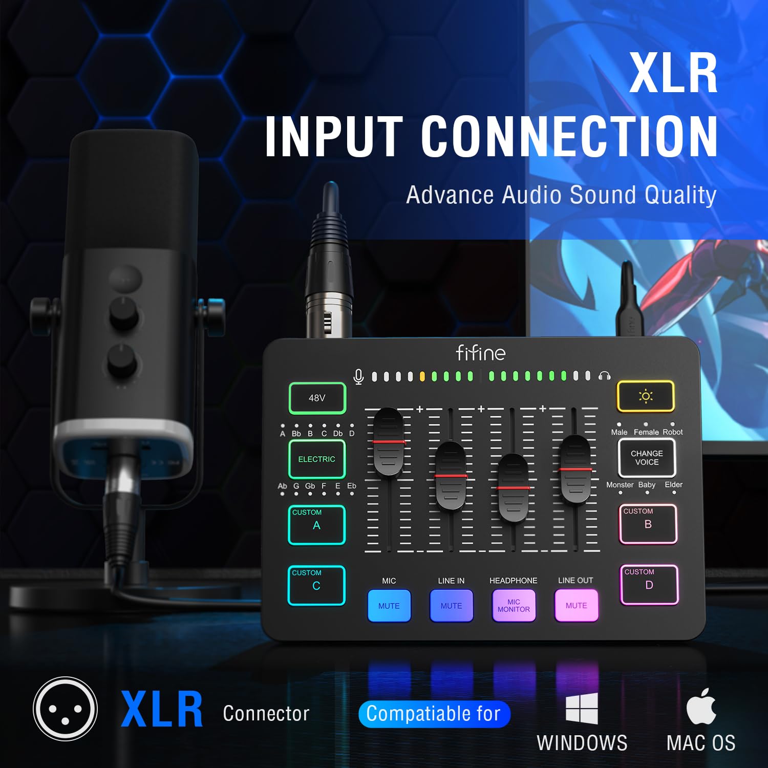 FIFINE Gaming Audio Mixer, Streaming RGB PC Mixer with XLR Microphone Interface, Individual Control, Volume Fader, Mute Button, 48V Phantom Power, for Podcast/Recording/Vocal/Game Voice-AmpliGame SC3