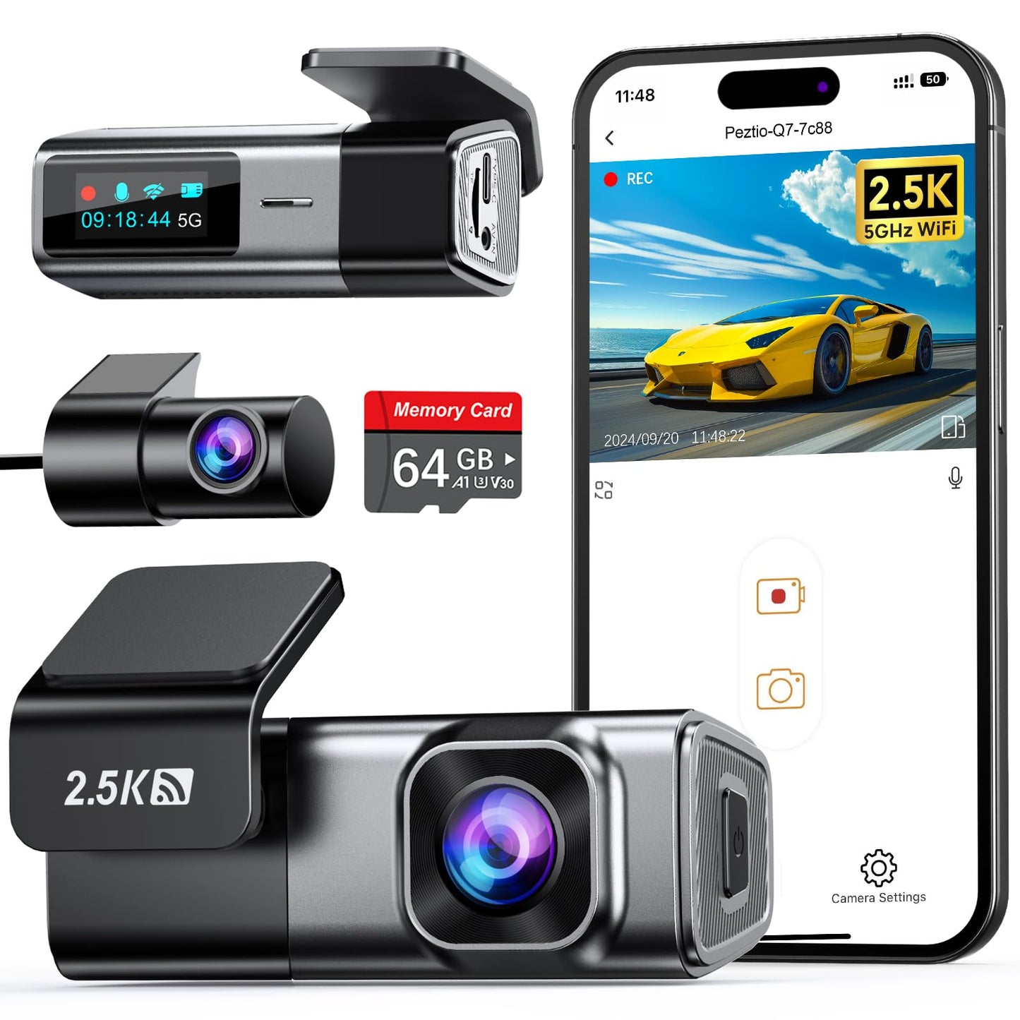 Navycrest 5G WiFi Dash Cam Front and Rear with 64GB Card, Dash Camera for Cars 2.5K/1440p Front and 1080P Rear, Dashcams for Cars Loop Recording, Gravity Sensor, 24Hours Parking Mode, Silver