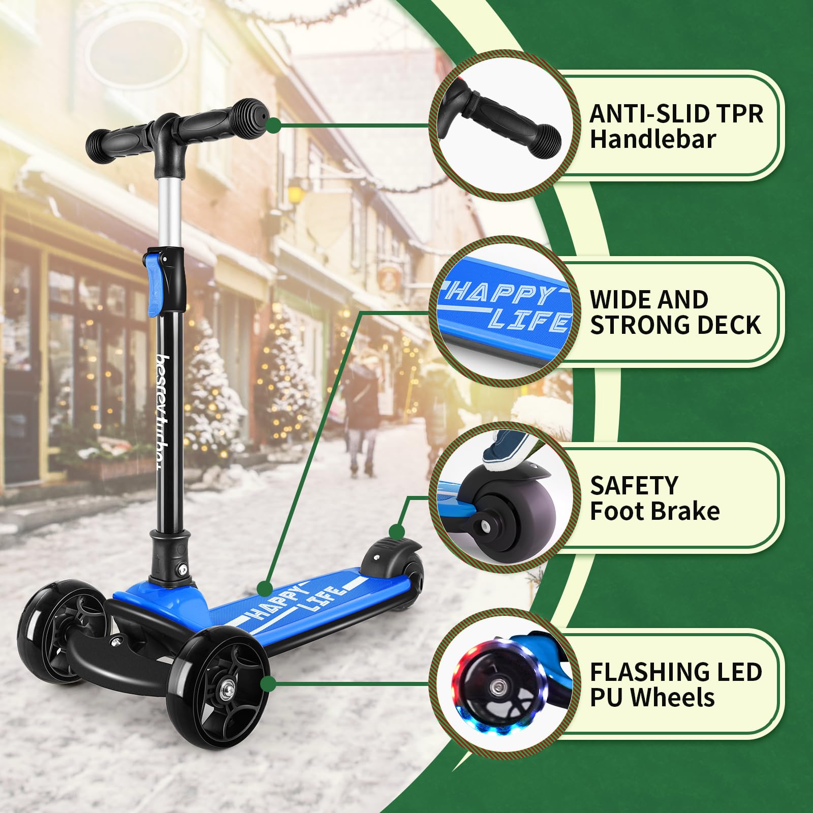 besrey Kick Scooter for Kids Ages 3-10, 3 Wheel Scooter for Kids with Adjustable Height, Folding Kids Scooter with LED Light Wheels Rear Brak Extra Wide Deck Outdoor Activities for Boys/Girls