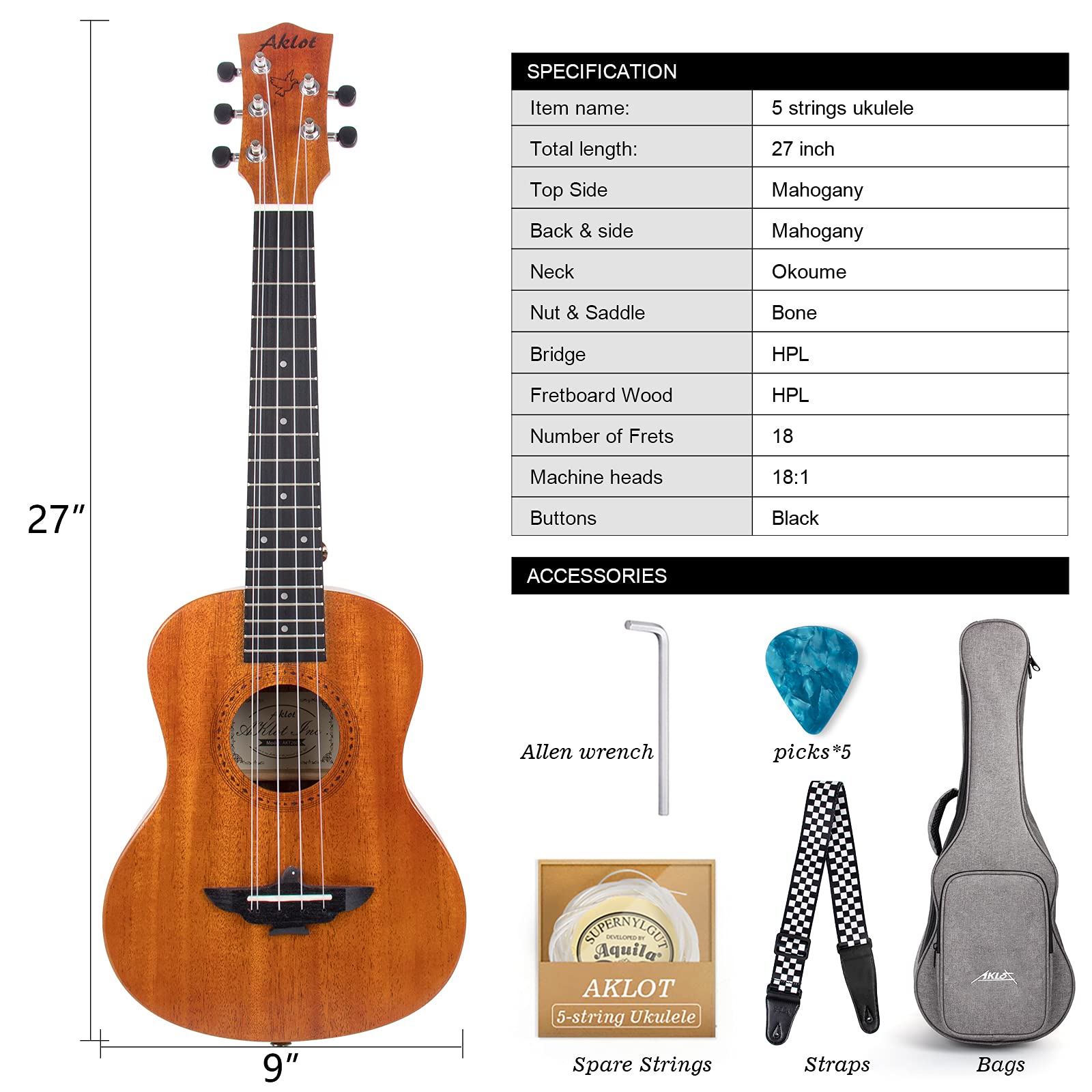 AKLOT 5 Strings Ukulele,Tenor Ukelele 26 inch Solid Mahogany Uke with Gig Bag Belt Extra Strings Professionals