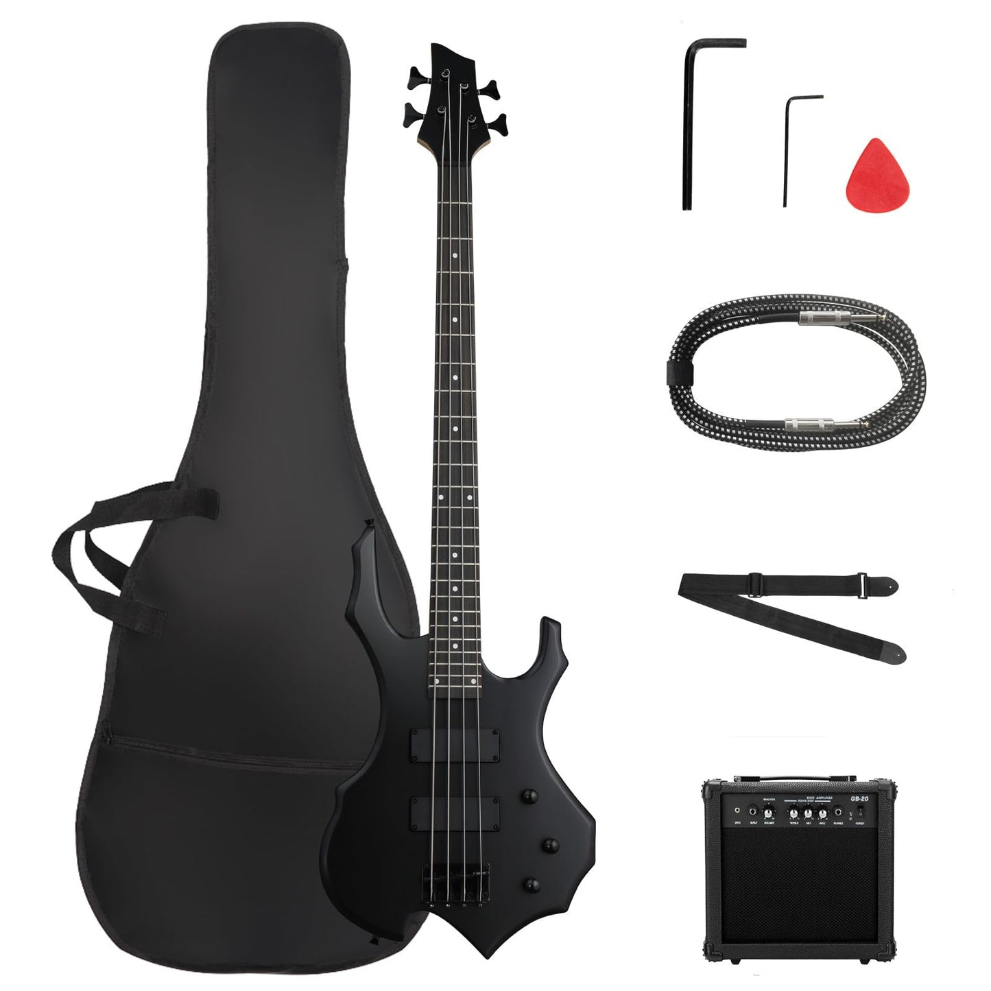 Ktaxon Electric Bass Guitar Full Size Flame Design Bass Set with 20 Watt Amplifier, Portable Bass Bag, Superior Amp Wire, Adjustable Guitar Strap, Plectrum, Wrench Tool(Black)