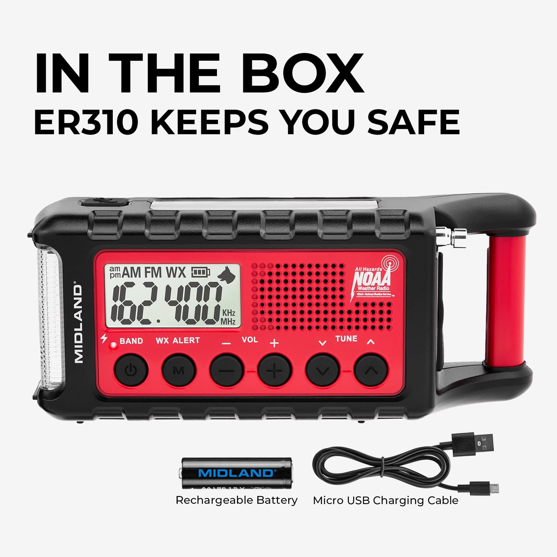 Midland - ER310, Emergency Crank Weather AM/FM Radio - Multiple Power Sources, SOS Emergency Flashlight, Ultrasonic Dog Whistle, &amp; NOAA Weather Scan + Alert (Red/Black)