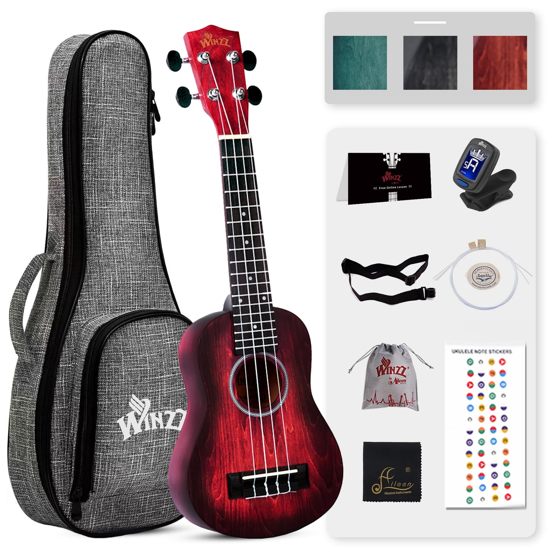 WINZZ HAND RUBBED Series - 21 Inches Soprano Ukulele Vintage Hawaiian Uke with Online Lessons, Bag, Tuner, Strap, Extra Strings, Fingerboard Sticker, Black