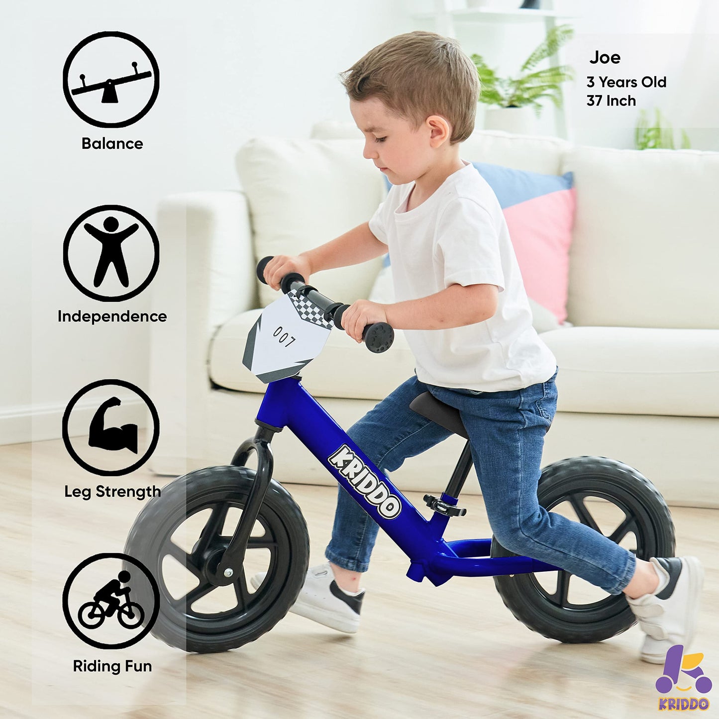 KRIDDO Toddler Balance Bike 2 Year Old, Age 24 Months to 5 Years Old, 12 Inch Push Bicycle with Customize Plate (3 Sets of Stickers Included), Steady Balancing, Gift Bike for 2-3 Boys Girls