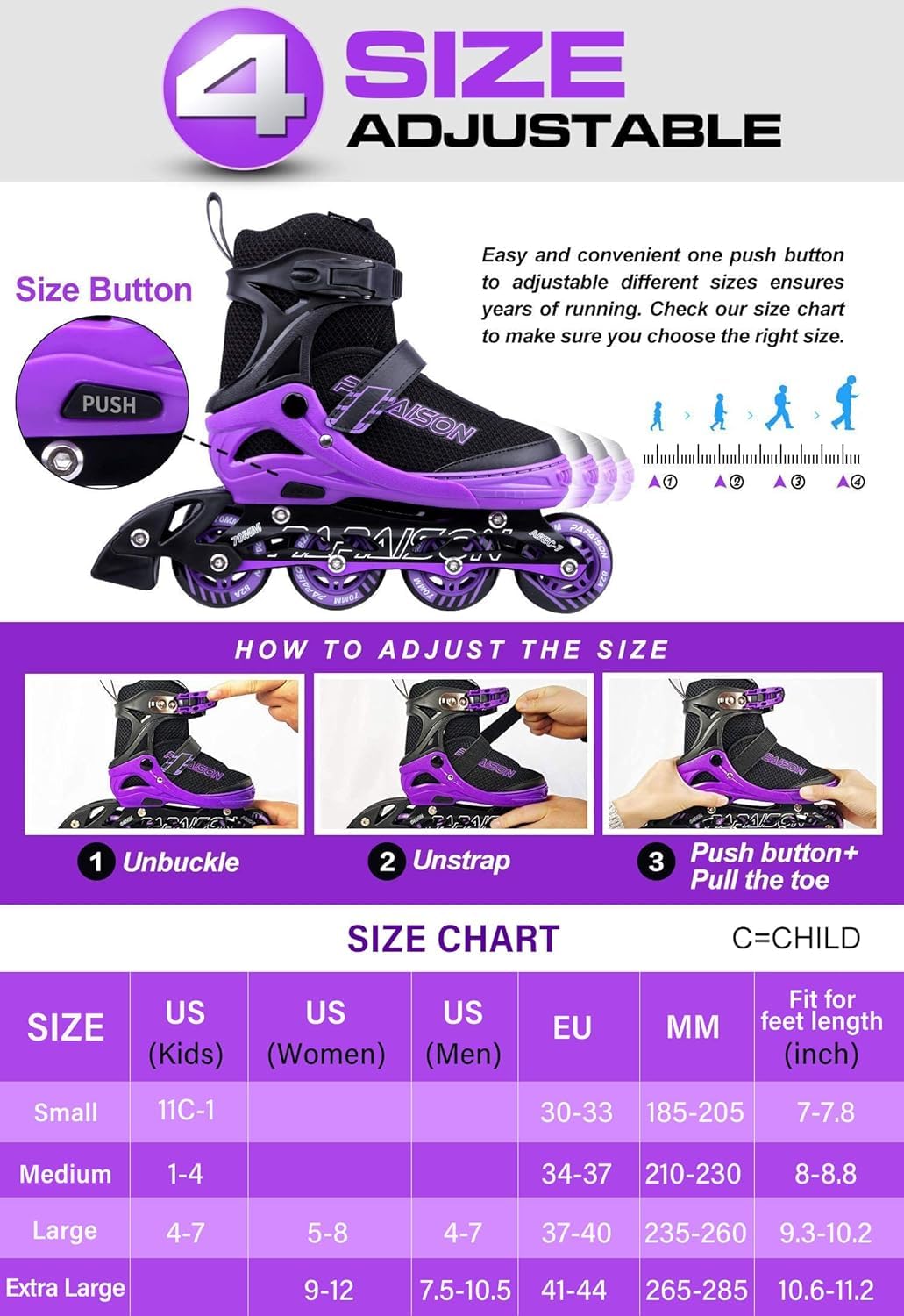 PAPAISON Adjustable Inline Skates for Kids and Adults with Full Light Up Wheels, Outdoor Roller Skates for Girls and Boys, Men and Women