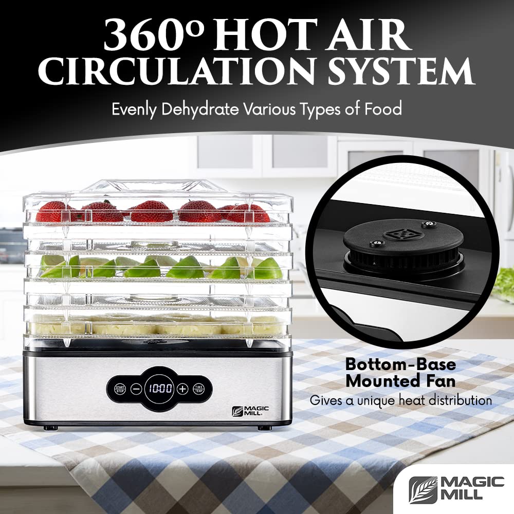 Magic Mill Food Dehydrator Machine | 5 Stackable Stainless Steel Trays Jerky Dryer with Digital Adjustable Timer &amp; Temperature Control - Electric Food Preserver for Fruits, Veggies, Meats &amp; Dog Treats