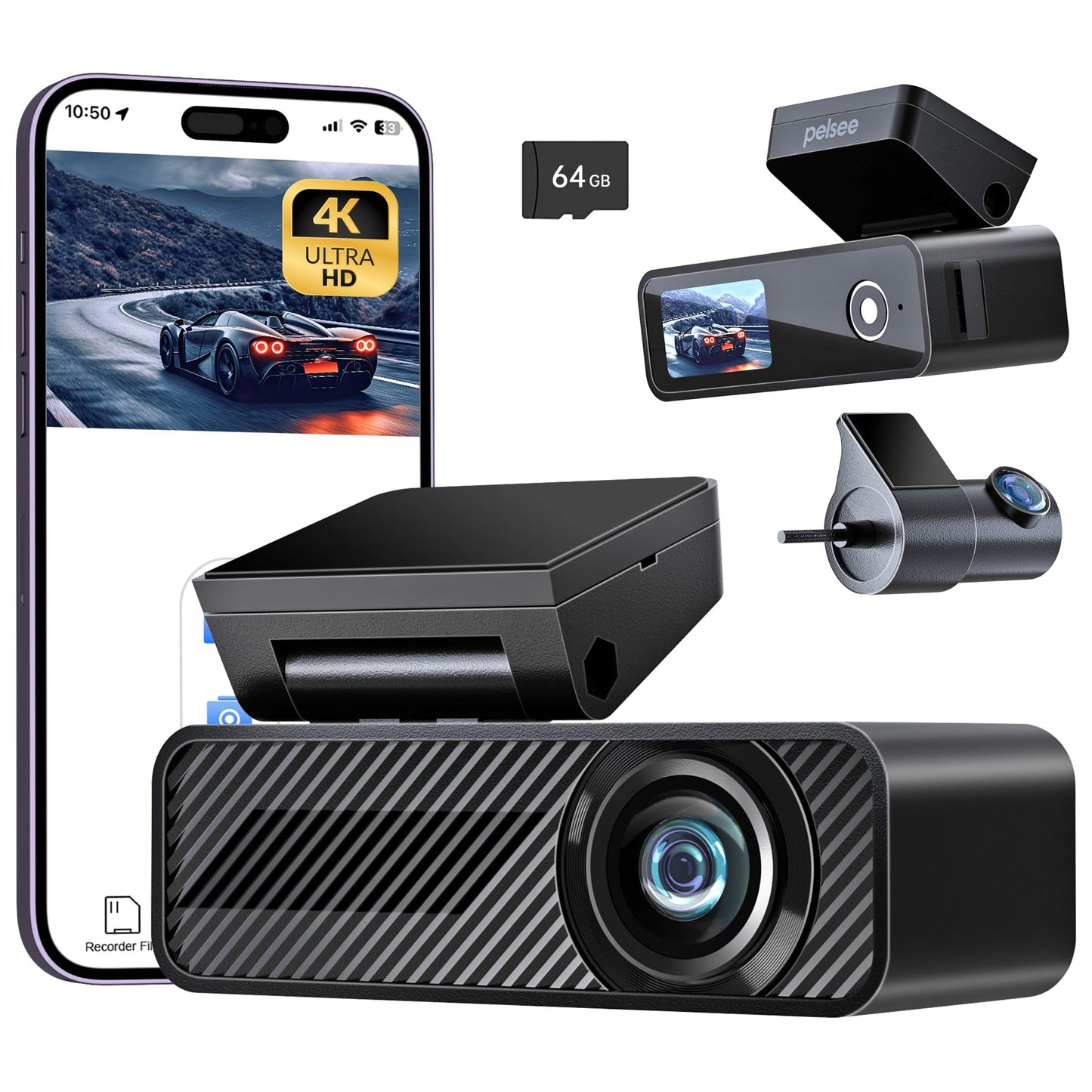 P1 Duo 4K Dash Cam Front and Rear, 64GB SD Card, 4K+1080P Dual Dash Camera for Cars, Wi-Fi &amp; App Control, 1.5’’IPS Display Car Camera, Voice Control, Night Vision, 24H Parking Mode, G-Sensor