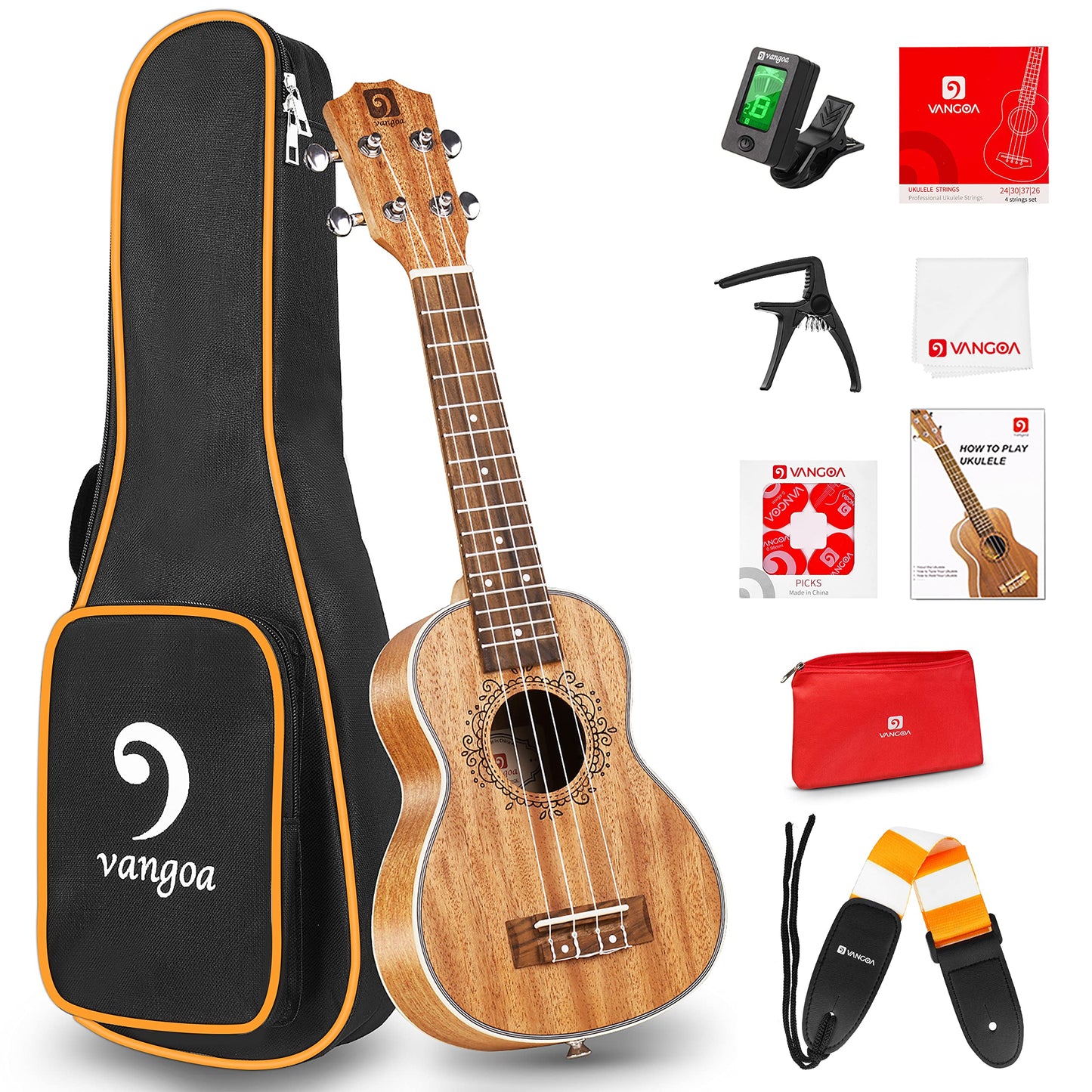 Ukulele Soprano Mahogany 21 Inch Professional Acoustic Ukelele Four String Wooden Hawaiian Uke Beginner Kit for Kids Students Starter Kit, by Vangoa