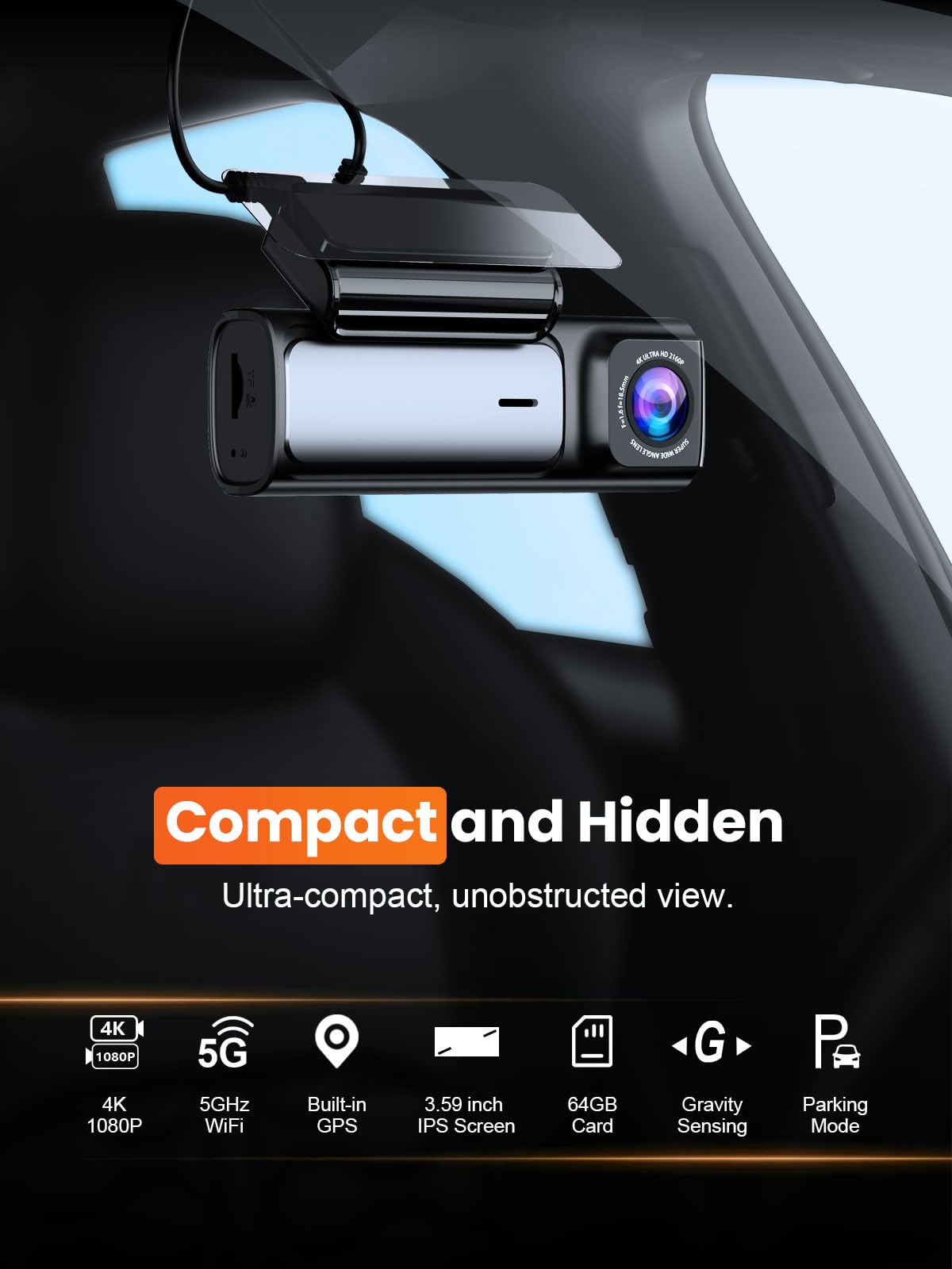 4K Dash Cam Front and Rear, Built-in 5G WiFi GPS, 64GB Card Included, 3.59'' IPS Screen Dash Camera for Cars, Dual Dashcam with G-Sensor, Loop Recording, WDR, Night Vision, 24H Parking Monitor