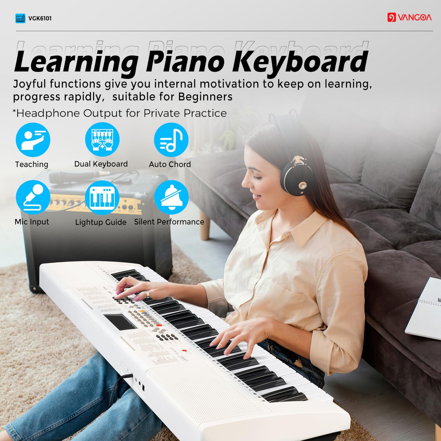 Vangoa 61-Key Light-Up Keyboard Piano for Beginners, 350 Tones &amp; Timbres, 3 Teaching Modes, With Microphone, Black