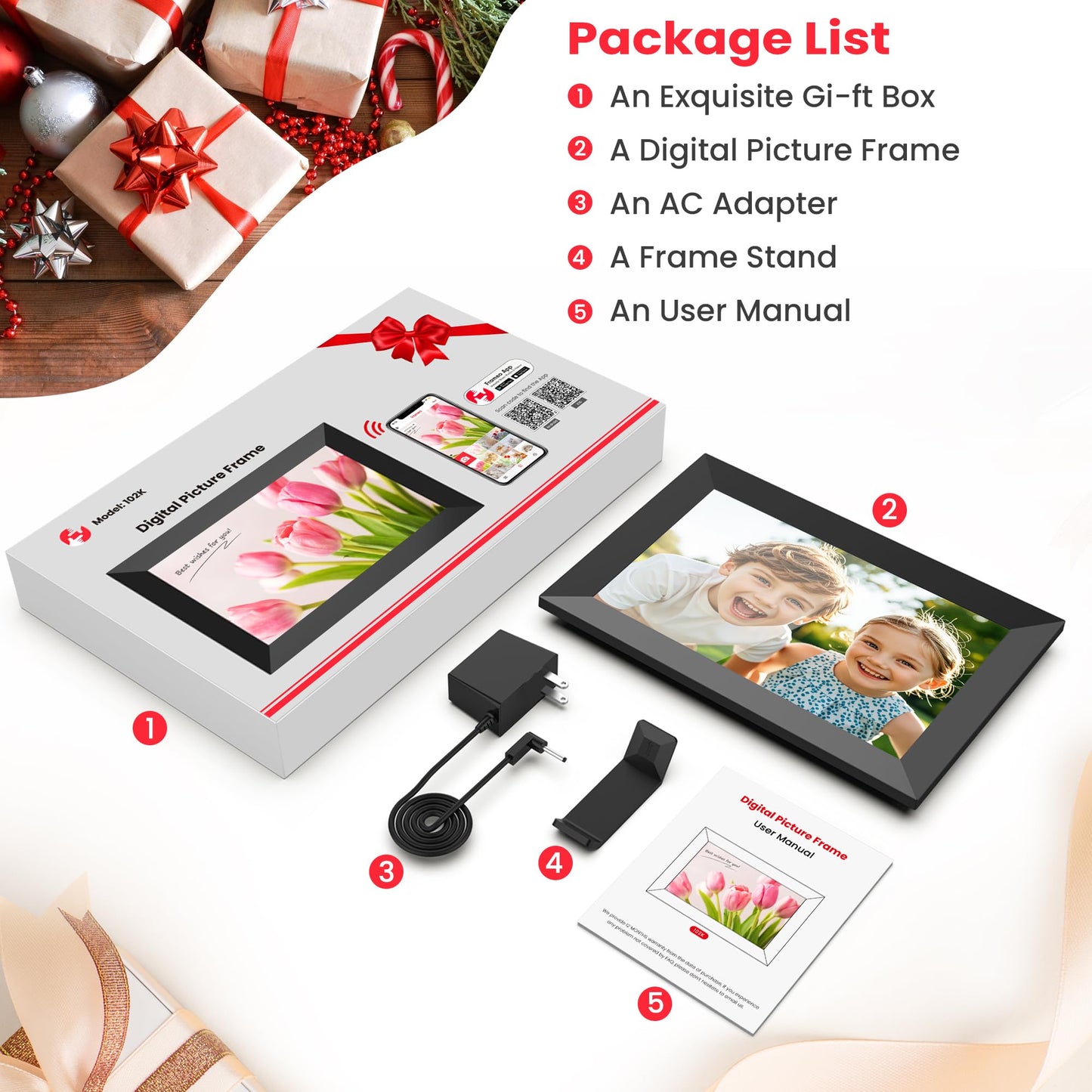 Frameo 10.1 Inch WiFi Digital Picture Frame, Smart Cloud Electronic Photo Frame with HD IPS Touch Screen Slideshow 32GB Memory Auto-Rotate Wall Mount, Share Photos/Videos from Phone by Frameo App