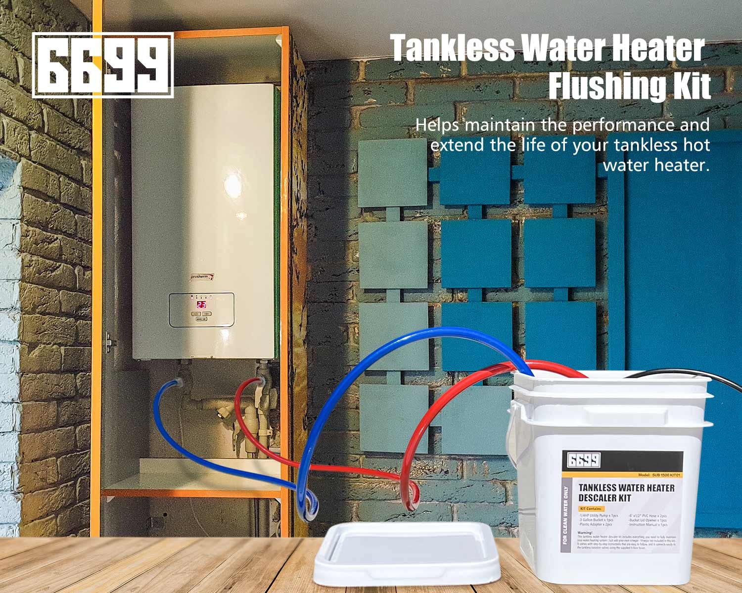 Tankless Water Heater Flushing Kit Includes 1/6HP Submersible Sump Pump with Two Adapters &amp; 3 Gallons Pail with Bucket Lid Opener &amp; Two 1/2” Dia X 6’ PVC Hoses with Washers