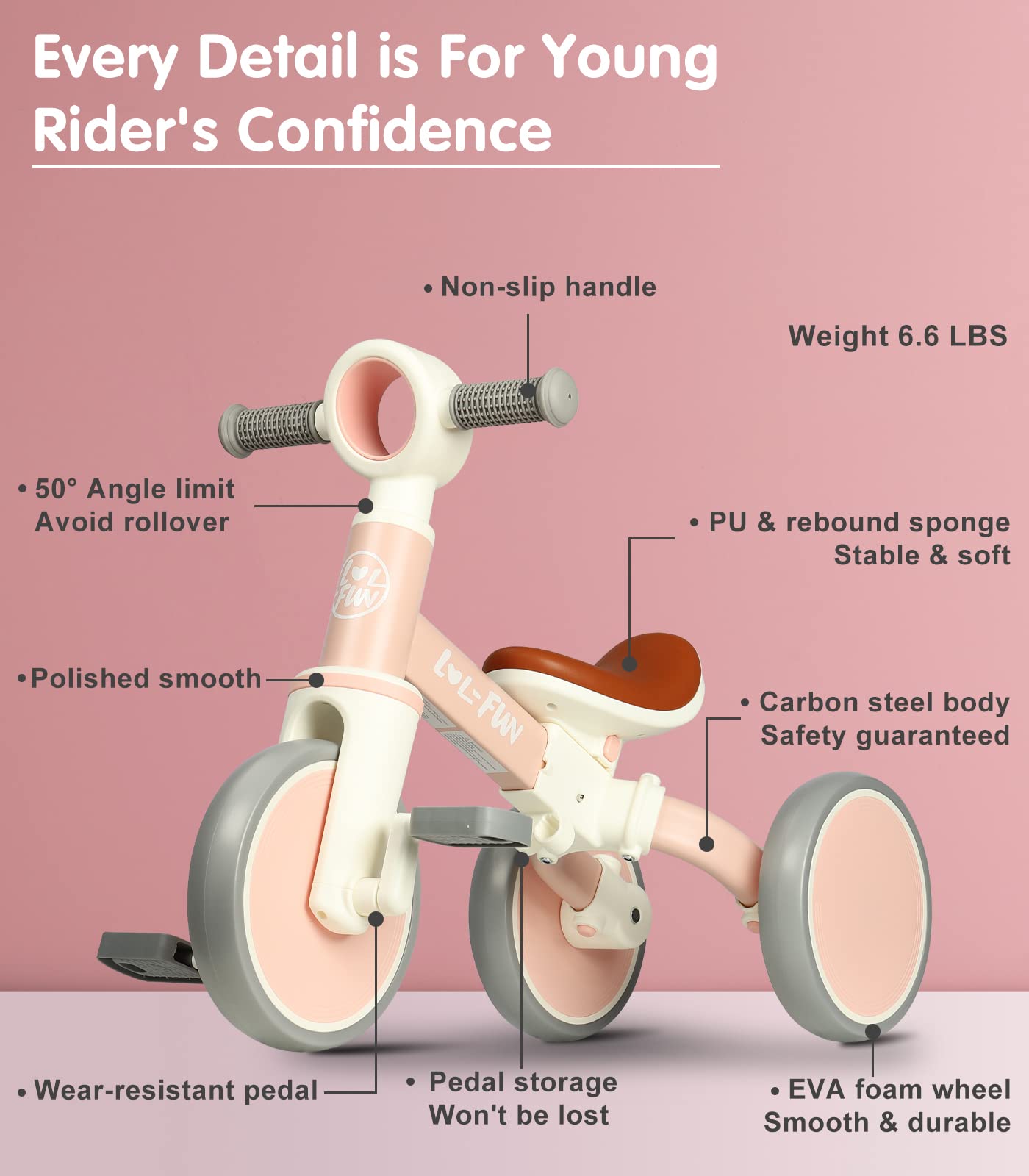 LOL-FUN 4 in 1 Toddler Balance Bike for 1-4 Years Old Boys Girls Gift, 3 Wheel Baby Bicycle for 1 Year Old Kids Tricycle with Easy Assembly Removable Pedal