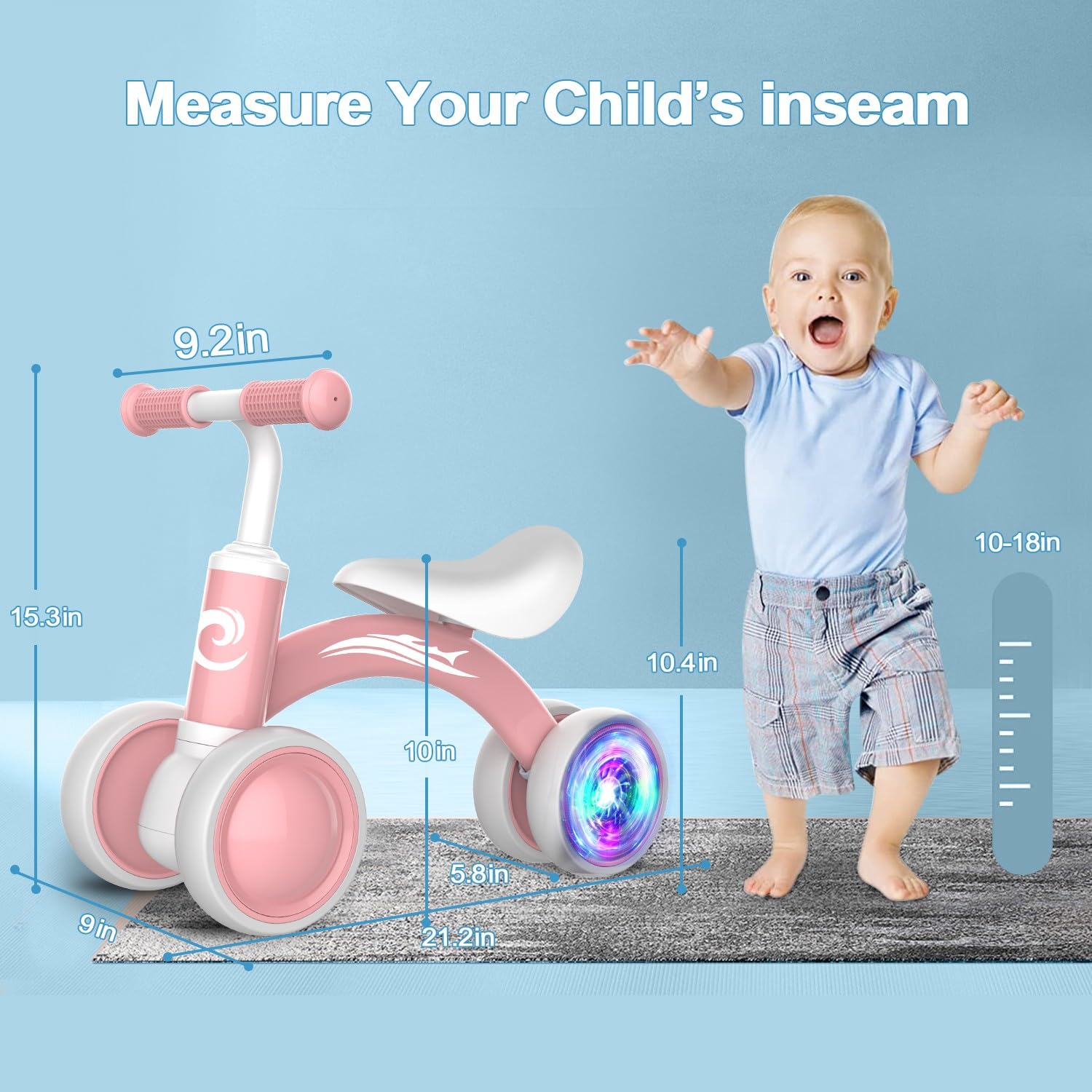 Colorful Lighting Baby Balance Bike Toys for 1 Year Old Boy Gifts, 10-36 Month Toddler Balance Bike, No Pedal 4 Silence Wheels&amp;Soft Seat First Riding on Toys, One Year Old Boy Birthday Gifts.