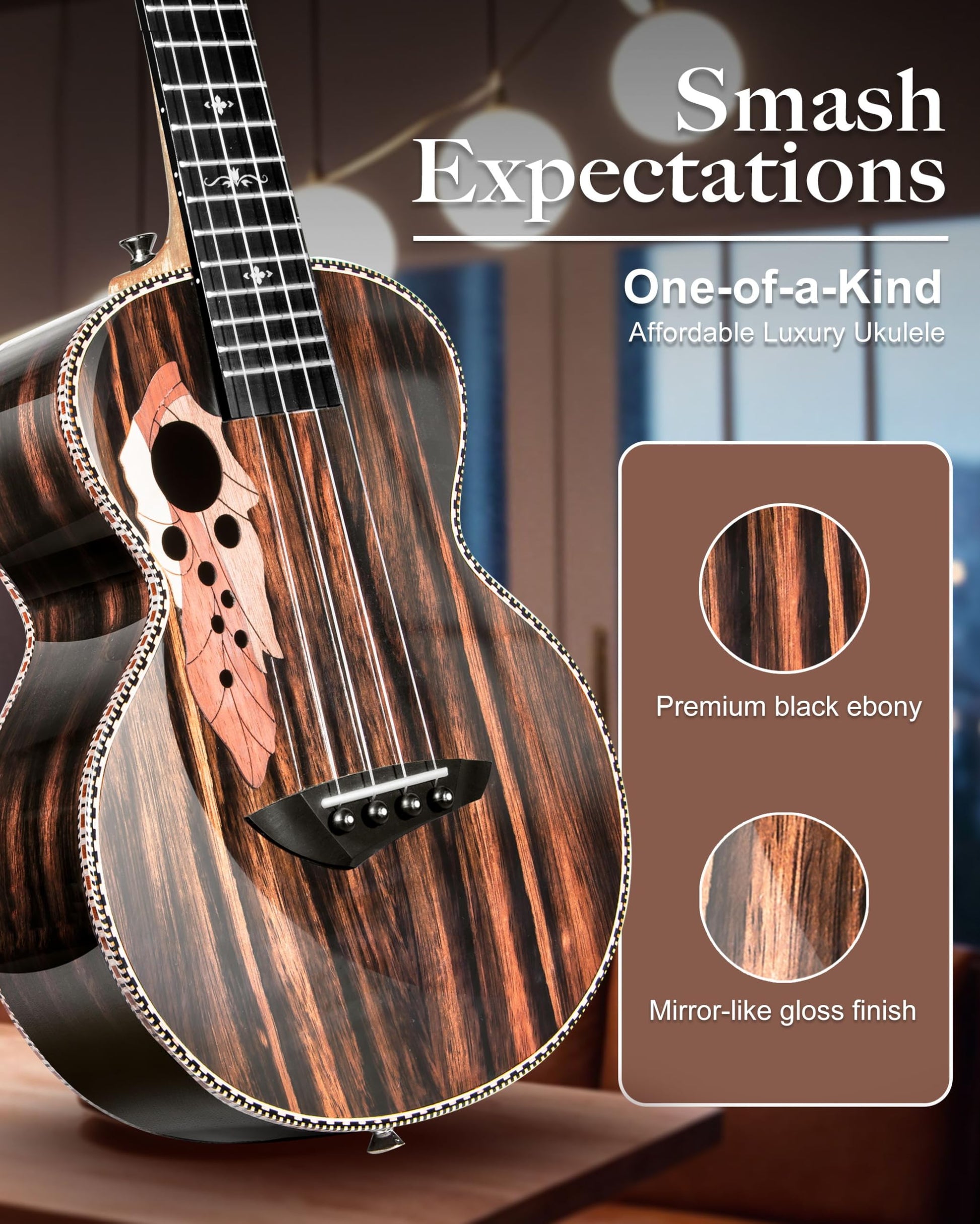 Caramel CAG94 Glossy Black Ebony 23" Concert Ukulele for Beginner | Handmade Ukelele Starter Kit