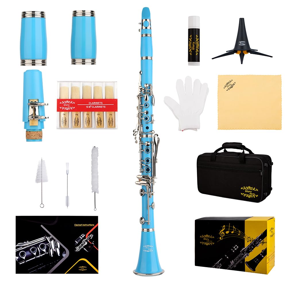 Glory GLY-CLADBL Professional Ebonite Bb Clarinet with 10 Reeds, Stand, Hard Case, Cleaning Cloth, Cork Grease, Mouthpiece Brush and Pad Brush,Dark Blue/Silver