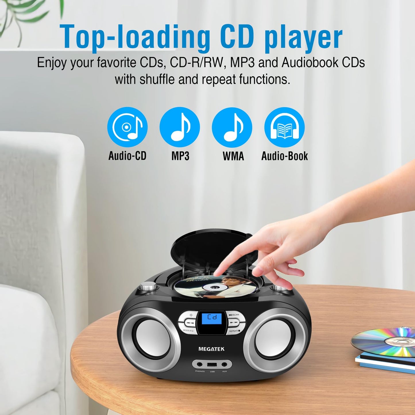 MEGATEK Portable CD Boombox with FM Stereo Radio, Bluetooth, USB Port, and Backlit LCD Display | CD-R/CD-RW/MP3-CD Compatible | AUX Input | Headphone Jack | Programmable CD Player - Black