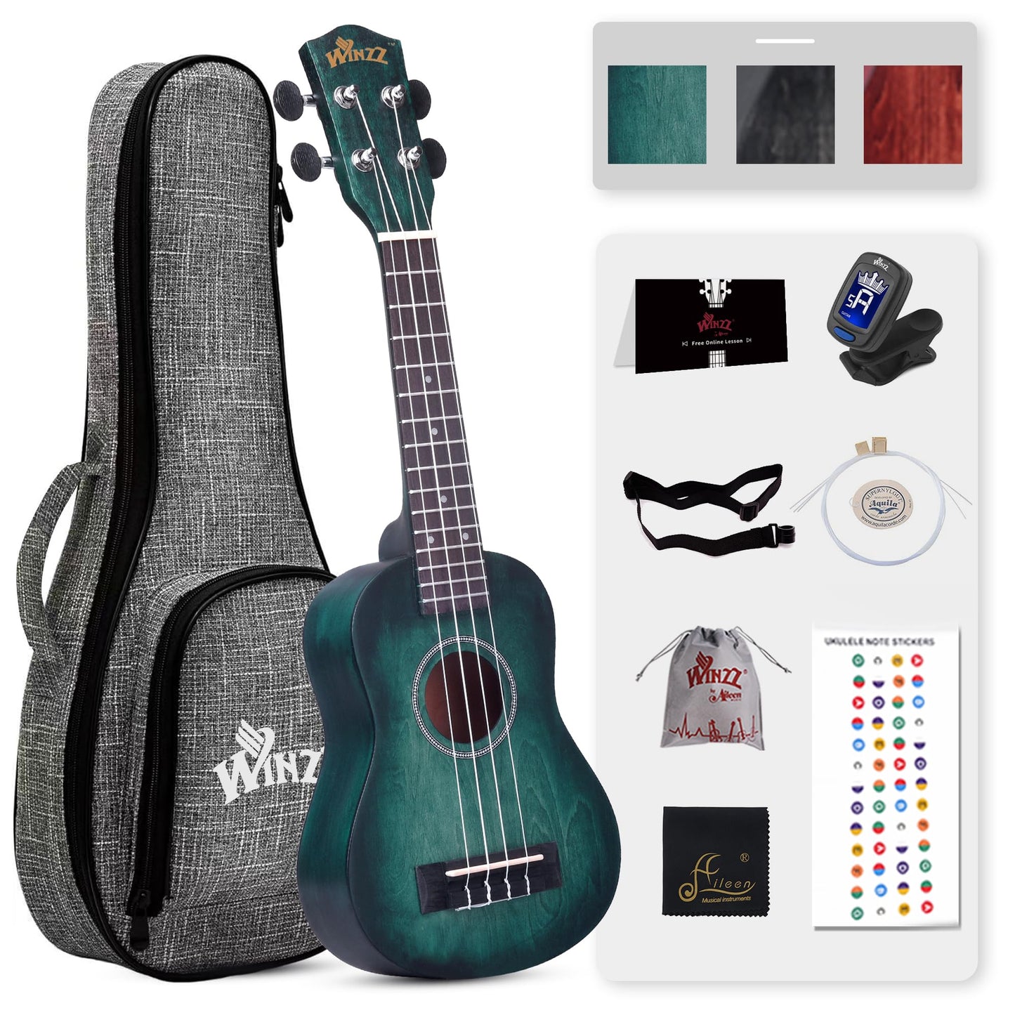 WINZZ HAND RUBBED Series - 21 Inches Soprano Ukulele Vintage Hawaiian Uke with Online Lessons, Bag, Tuner, Strap, Extra Strings, Fingerboard Sticker, Black