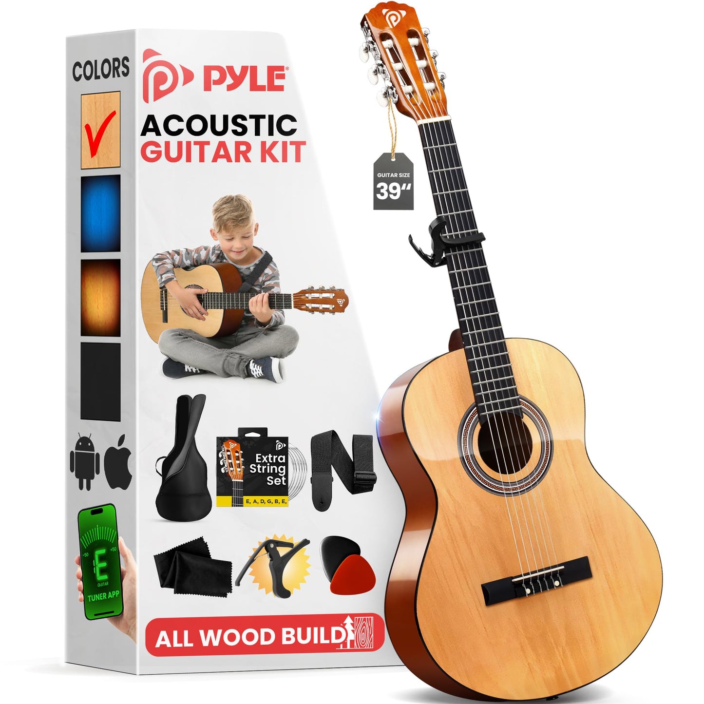 Pyle Left Handed Beginner Acoustic Guitar Kit, 1/4 Junior Size All Wood Build Nylon Stringed Instrument with Capo, Strap, Extra String Set, Gig Bag, Guitars for Beginners Adults Youth, 30" Natural