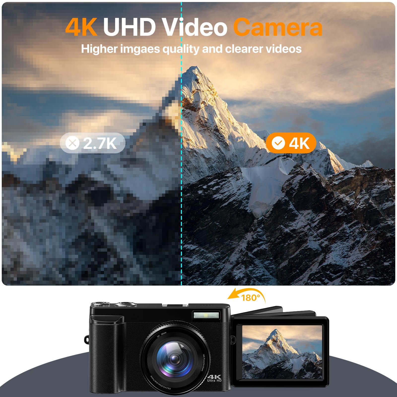 4K Digital Camera for Photography Auto-Focus Vlogging Camera for YouTube Video with 3'' 180° Flip Screen 16X Anti-Shake 4K Camera Compact Cameras with SD Card, Flash, 2 Batteries &amp; Battery Charger