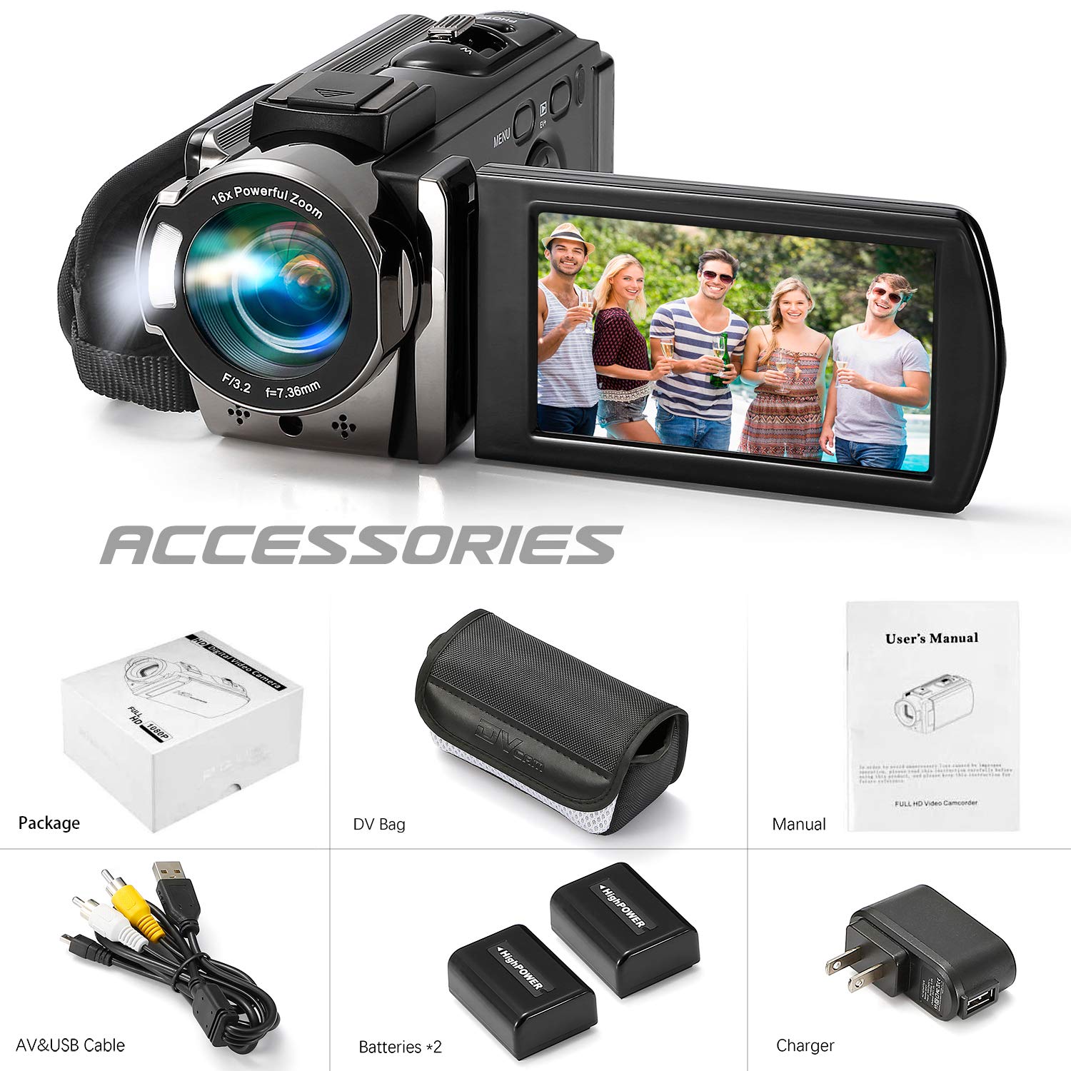 Video Camera Camcorder Digital Camera Recorder Full HD 1080P 15FPS 24MP 3.0 Inch 270 Degree Rotation LCD 16X Digital Zoom Camcorder Camera with 2 Batteries(Black)