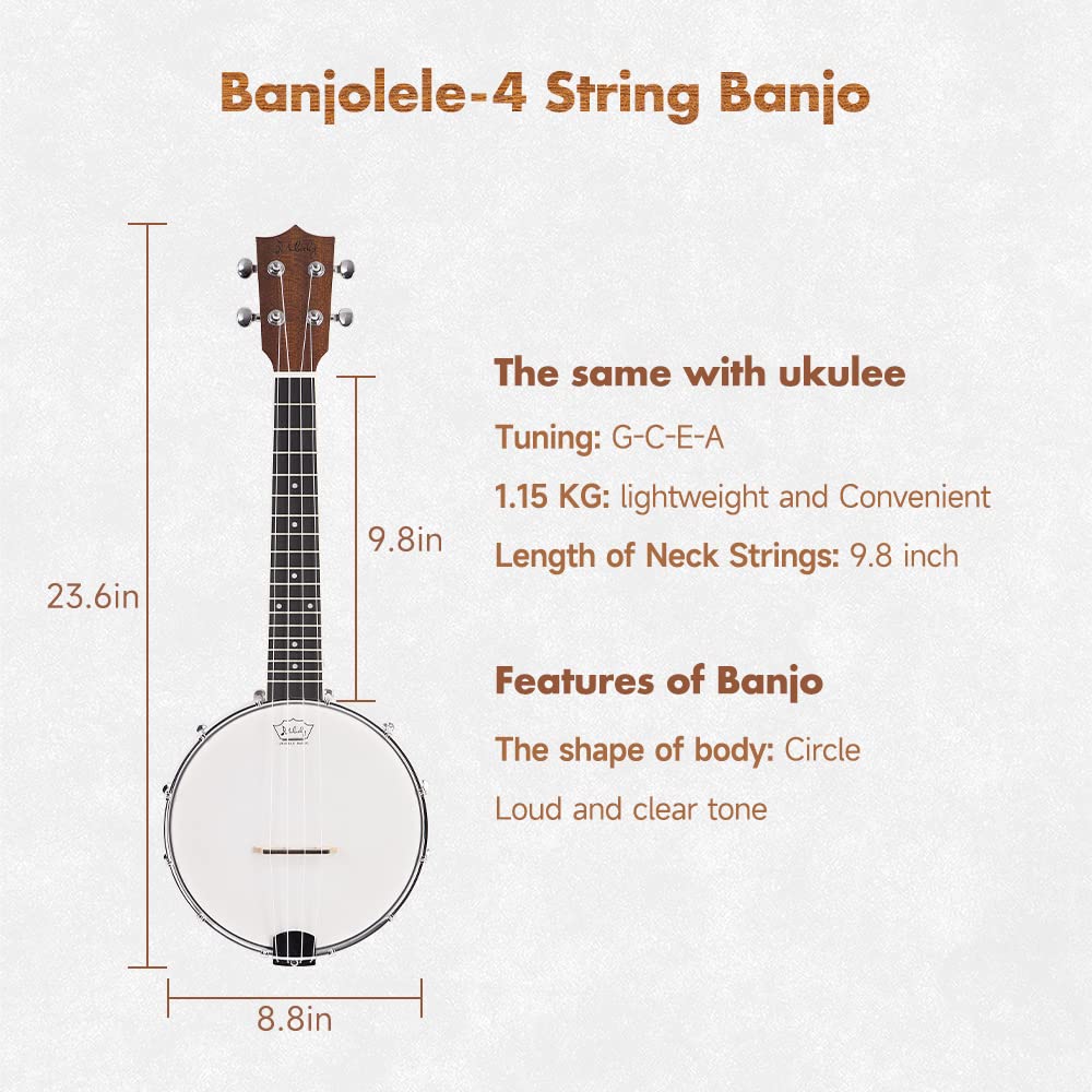 Mulucky 4-String Banjo Ukulele | 23" Sapele Wood with Remo Head &amp; Nylon Strings | Dark Brown Travel Kit (Bag, Tuner, Picks) - MBU-808