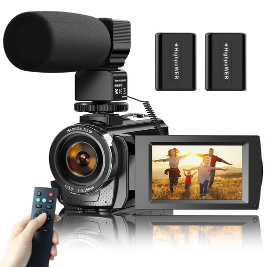 Video Camera Camcorder for YouTube, Digital Vlogging Camera FHD 1080P 30FPS 24MP 3.0 Inch 270° Rotation Screen Video Recorder with Microphone, Remote Control, 2 Batteries