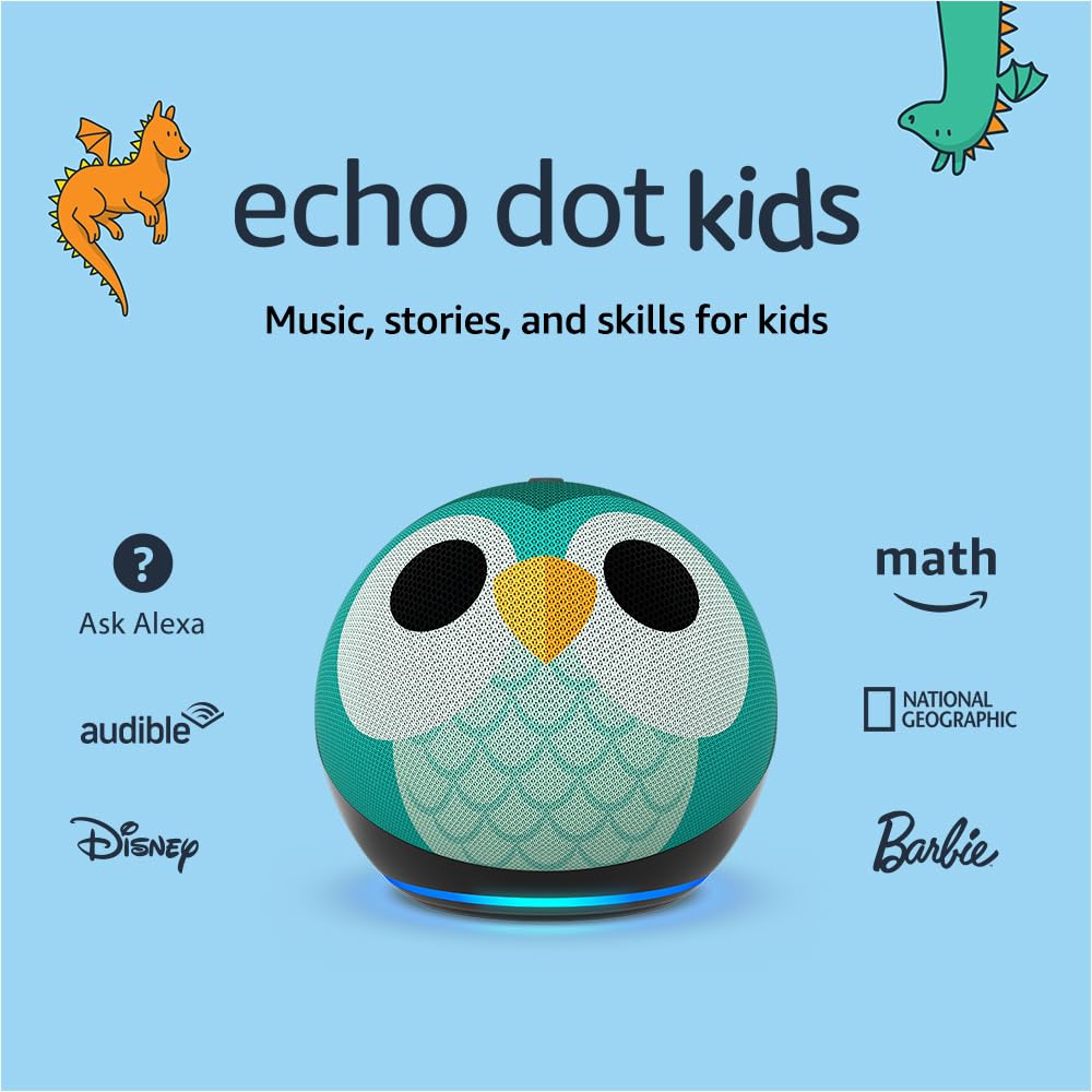 Amazon Echo Dot Kids (newest model), Designed for kids, with parental controls, Includes 1 Year of Amazon Kids+, Owl