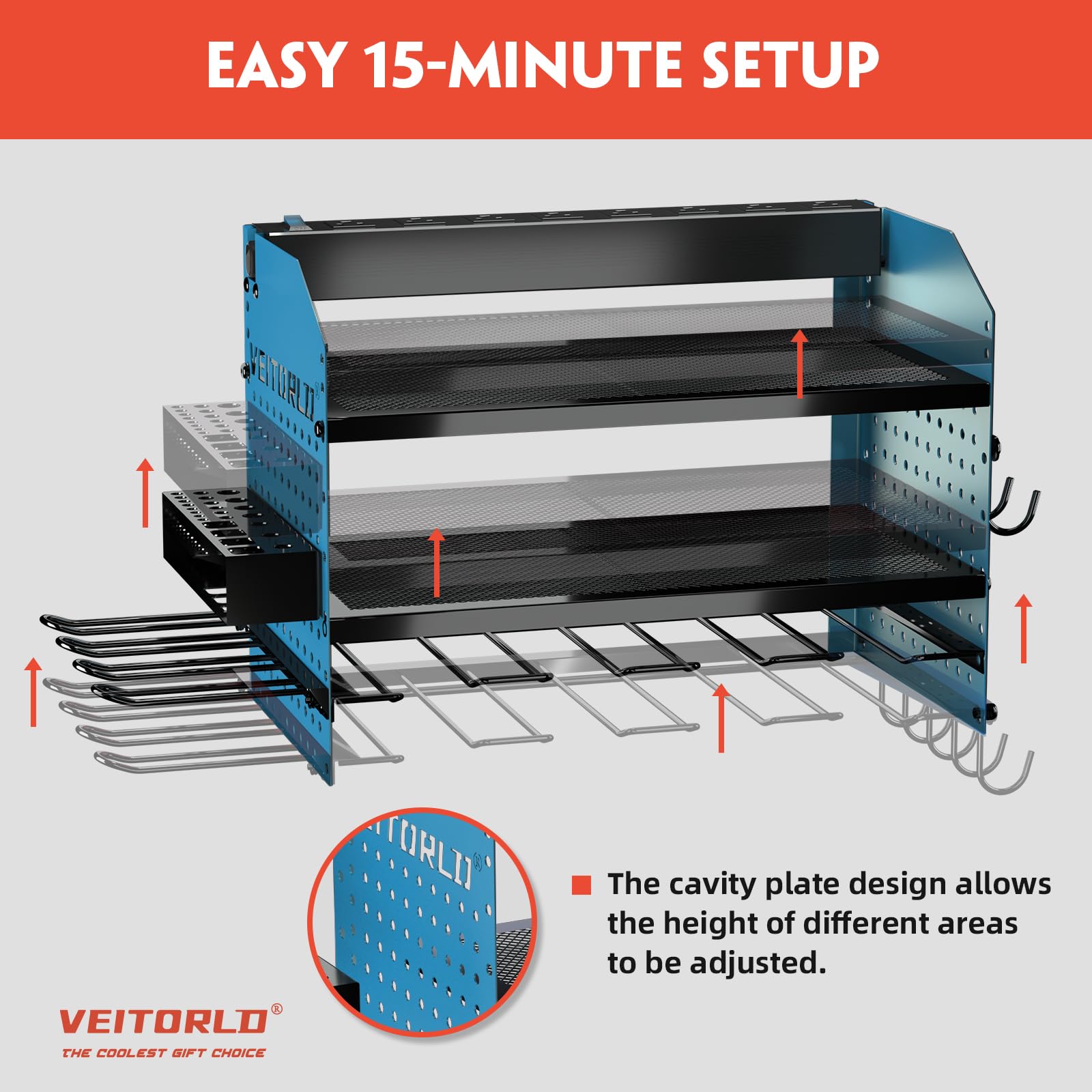 Veitorld Power Tool Organizer with Charging Station, Garage Tool Storage Organizer Built in 8 Outlet Power Strip with Drawers, 6 Drill Holder Wall Mount, Gifts for Men Dad Husband Him Fathers Day