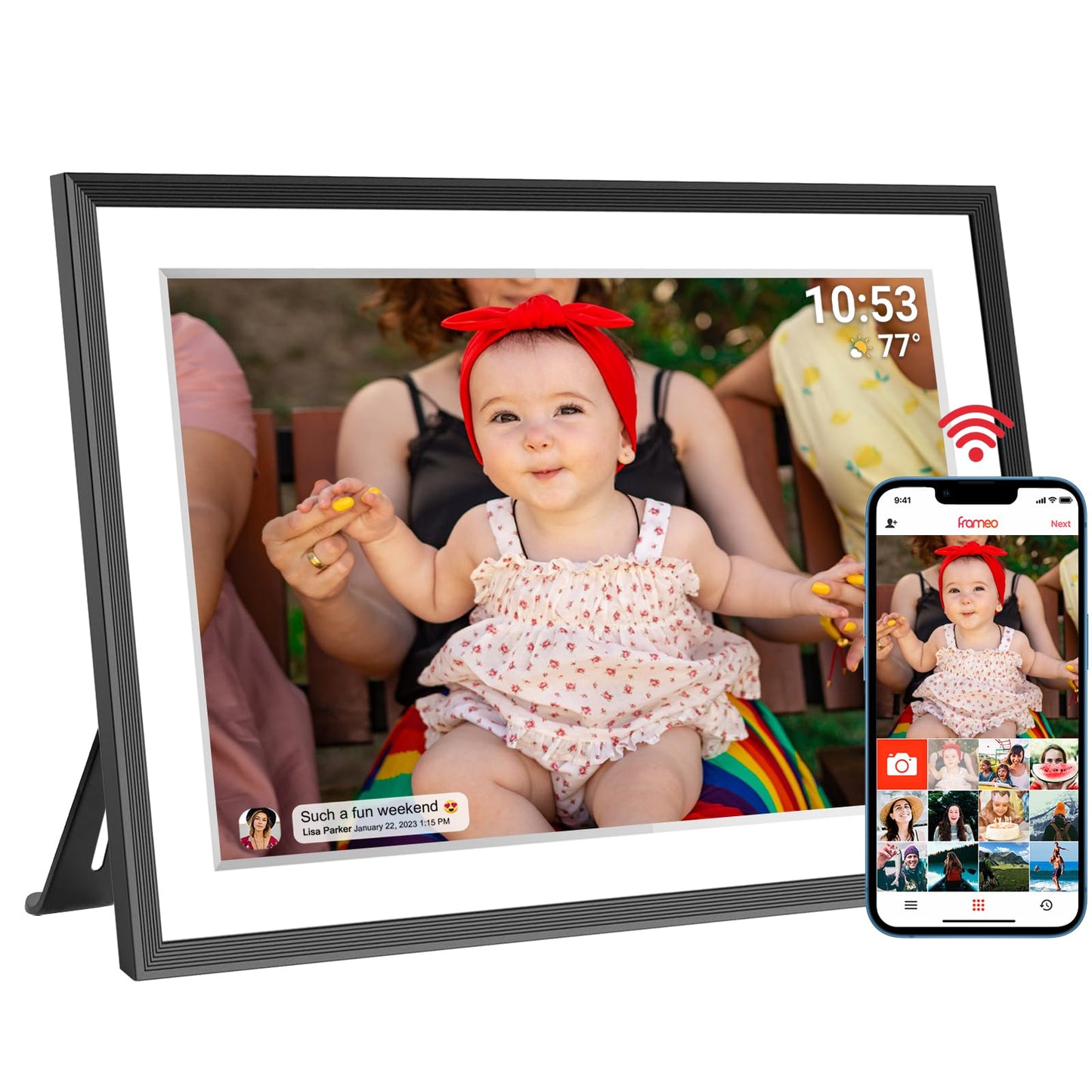 FRAMEO Digital Photo Frame WiFi 32GB 10.1 Inch 1280x800 IPS Touch Screen Digital Picture Frame Easy Setup Share Photo or Video via Frameo APP