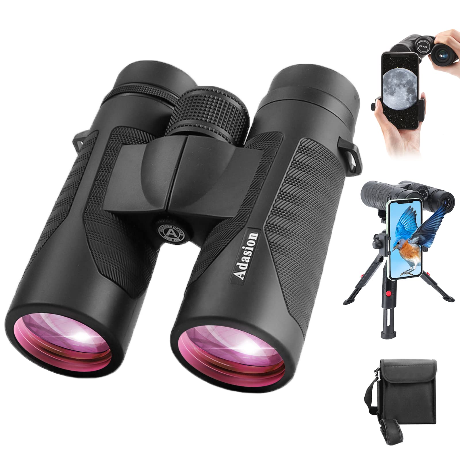 12x42 HD Binoculars for Adults High Powered with Phone Adapter and Tripod, Super Bright BAK4 Prism Waterproof Binoculars for Bird Watching Hunting Hiking Safari Travel Sports