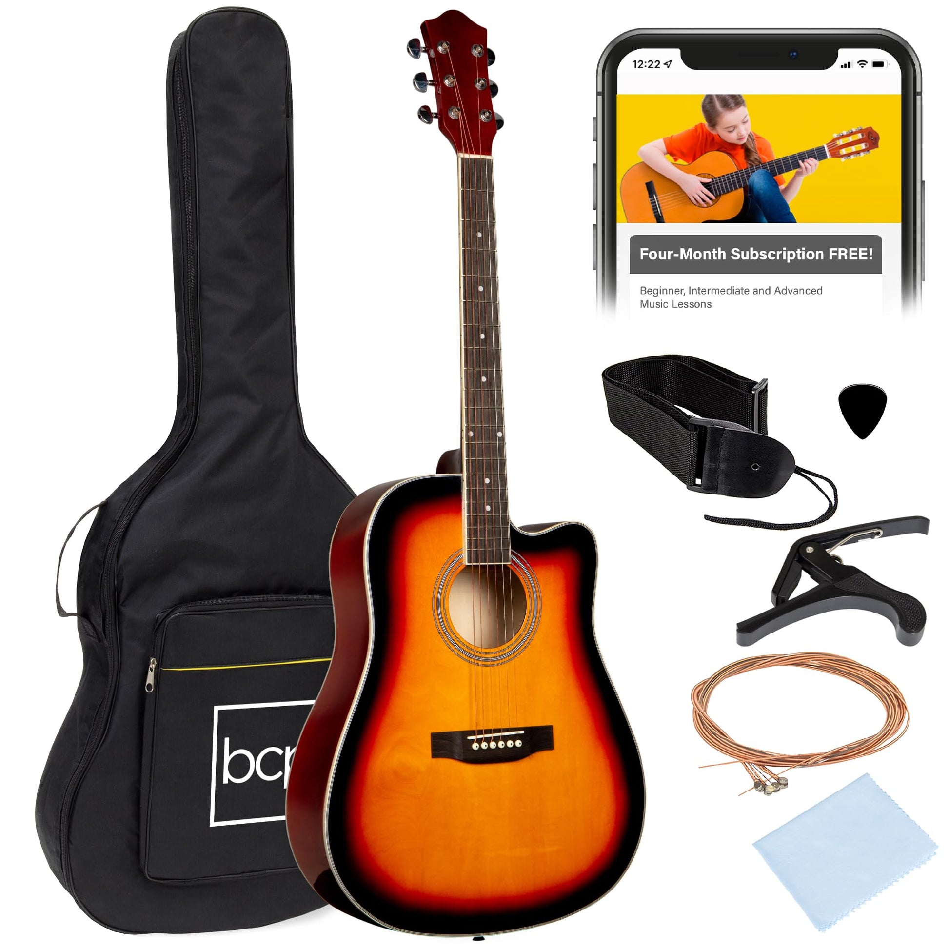 Best Choice Products 41in Beginner Acoustic Guitar Full Size All Wood Cutaway Guitar Starter Set w/Case, Strap, Capo, Strings, Picks - Aged Natural