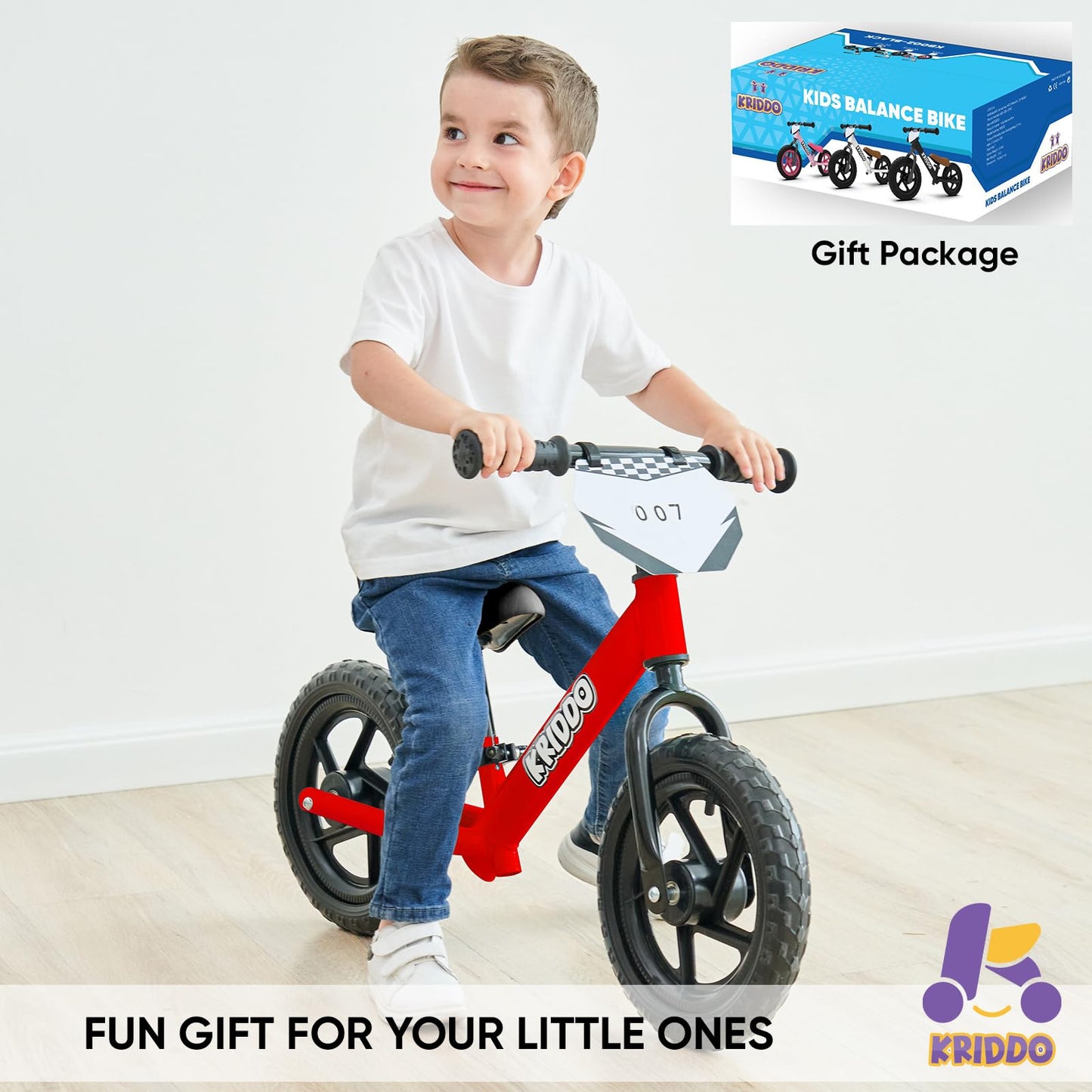 KRIDDO Toddler Balance Bike 2 Year Old, Age 24 Months to 5 Years Old, 12 Inch Push Bicycle with Customize Plate (3 Sets of Stickers Included), Steady Balancing, Gift Bike for 2-3 Boys Girls