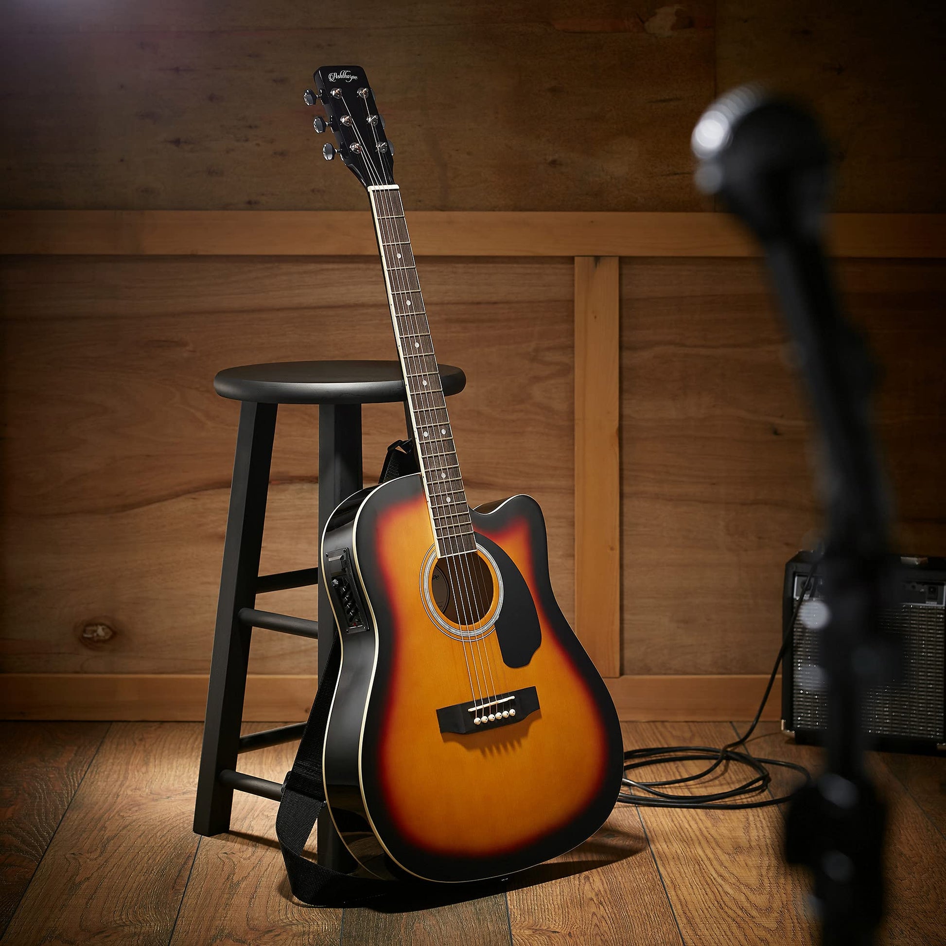 Ashthorpe Full-Size Cutaway Thinline Acoustic-Electric Guitar Package - Premium Tonewoods - Black