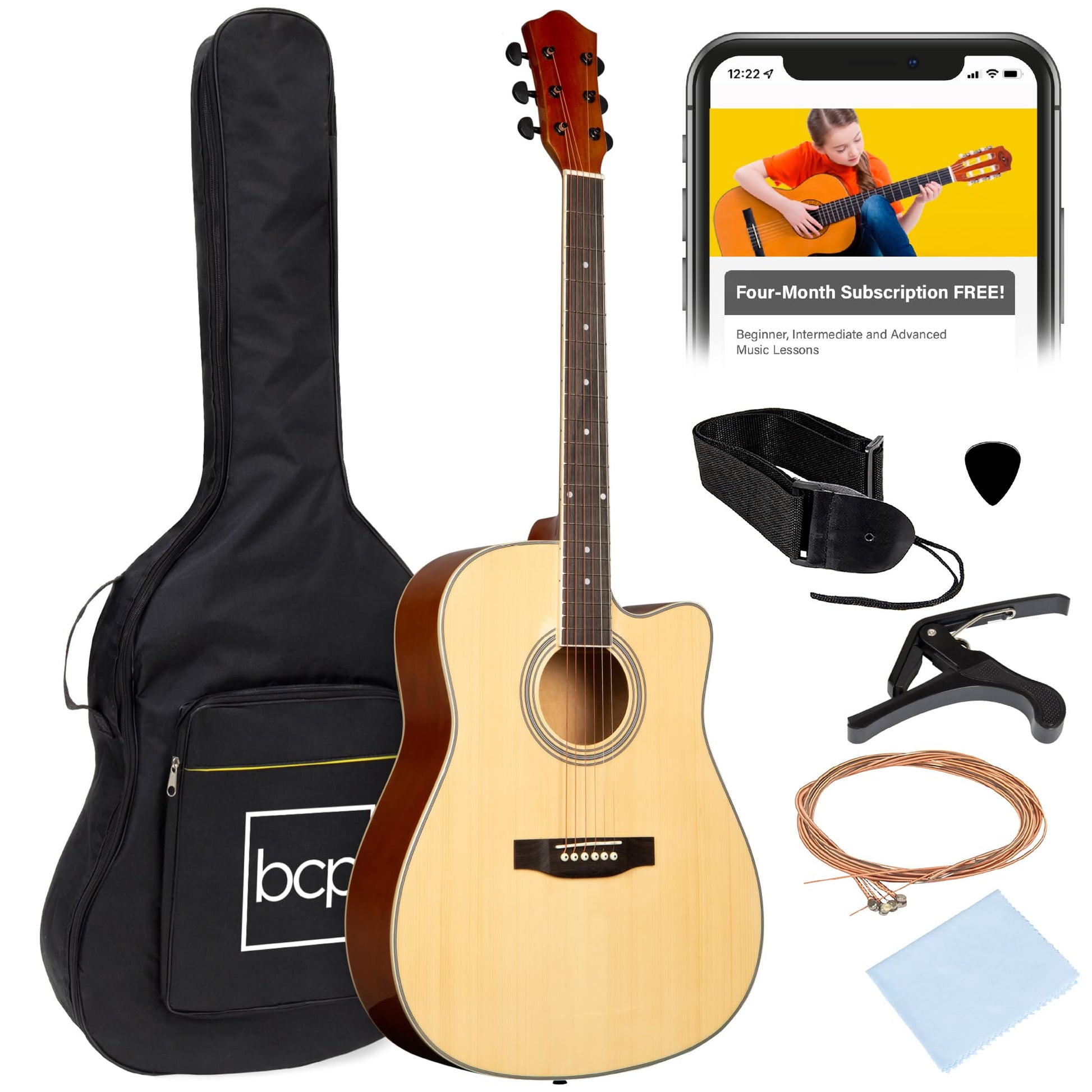 Best Choice Products 41in Beginner Acoustic Guitar Full Size All Wood Cutaway Guitar Starter Set w/Case, Strap, Capo, Strings, Picks - Aged Natural