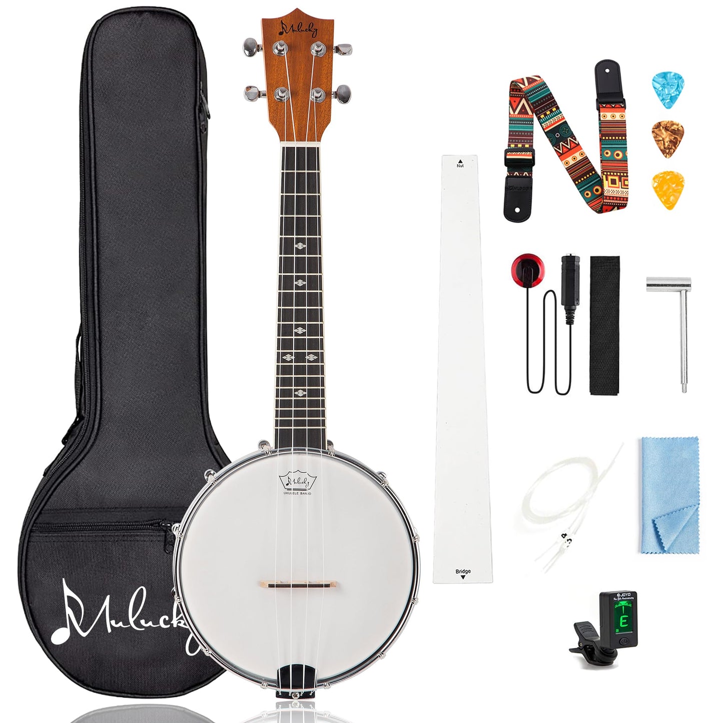 Mulucky 4-String Banjo Ukulele | 23" Sapele Wood with Remo Head &amp; Nylon Strings | Dark Brown Travel Kit (Bag, Tuner, Picks) - MBU-808