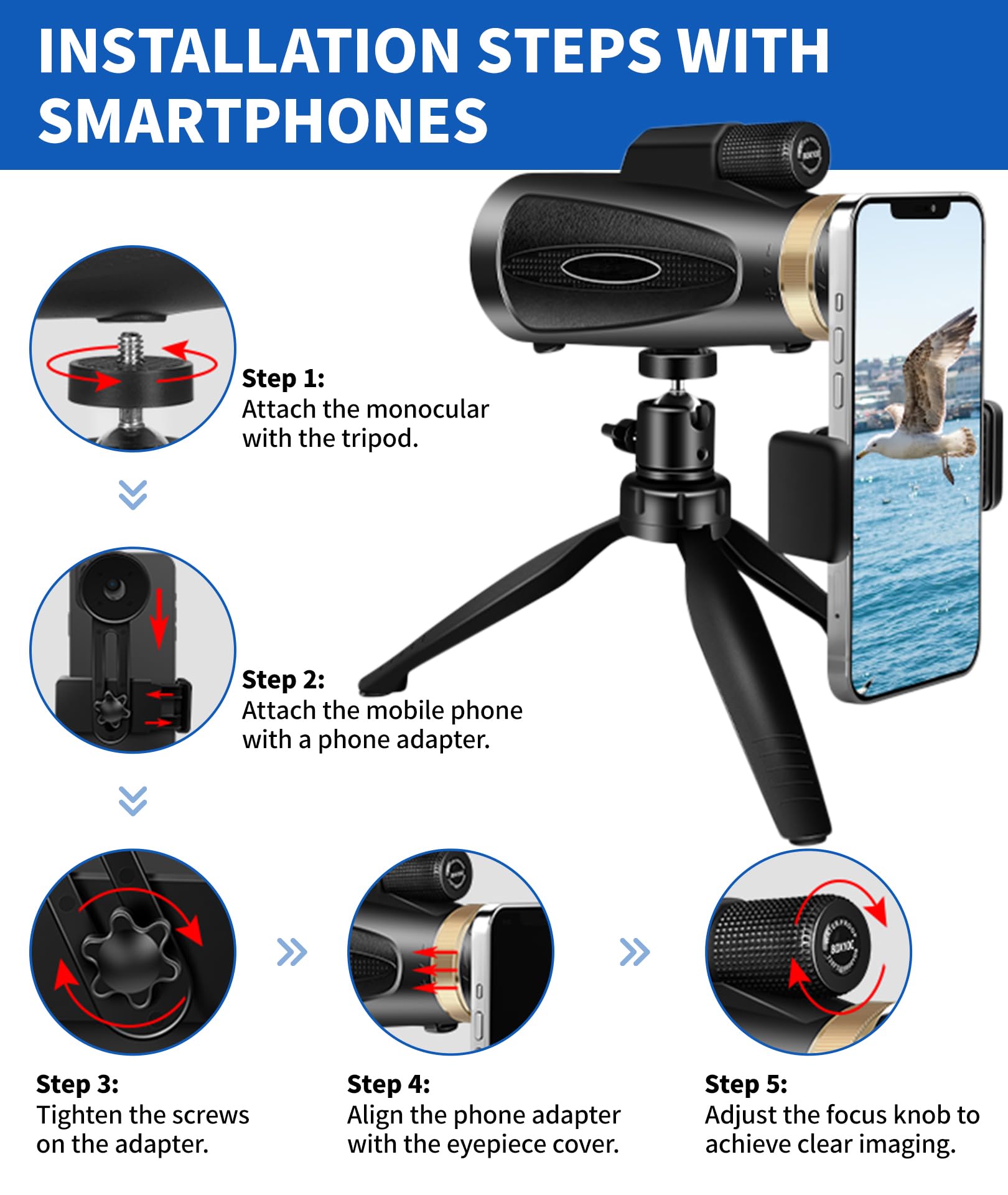 Monocular Telescope 80x100 High Power with Smartphone Adapter Tripod,Larger Vision Monoculars for Adults with BAK4 Prism &amp; FMC Lens, Suitable for Bird Watching Hunting Hiking Camping Wildlife-Black