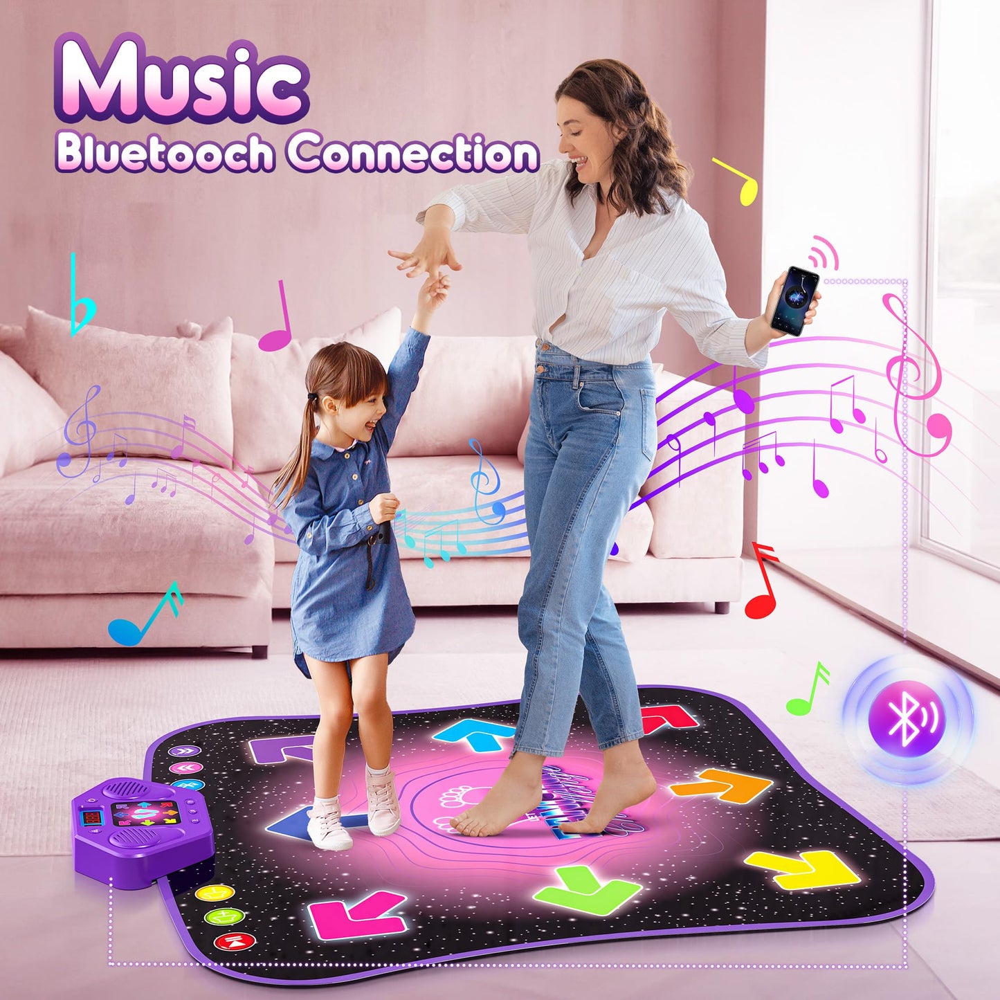 Flooyes Dance Mat Toys for 3-12 Year Old Kids, Electronic Dance Pad with Light-up 6-Button Wireless Bluetooth, Music Dance with 5 Game Modes, Birthday Toys Gifts for 3 4 5 6 7 8 9 10+ Year Old Girls