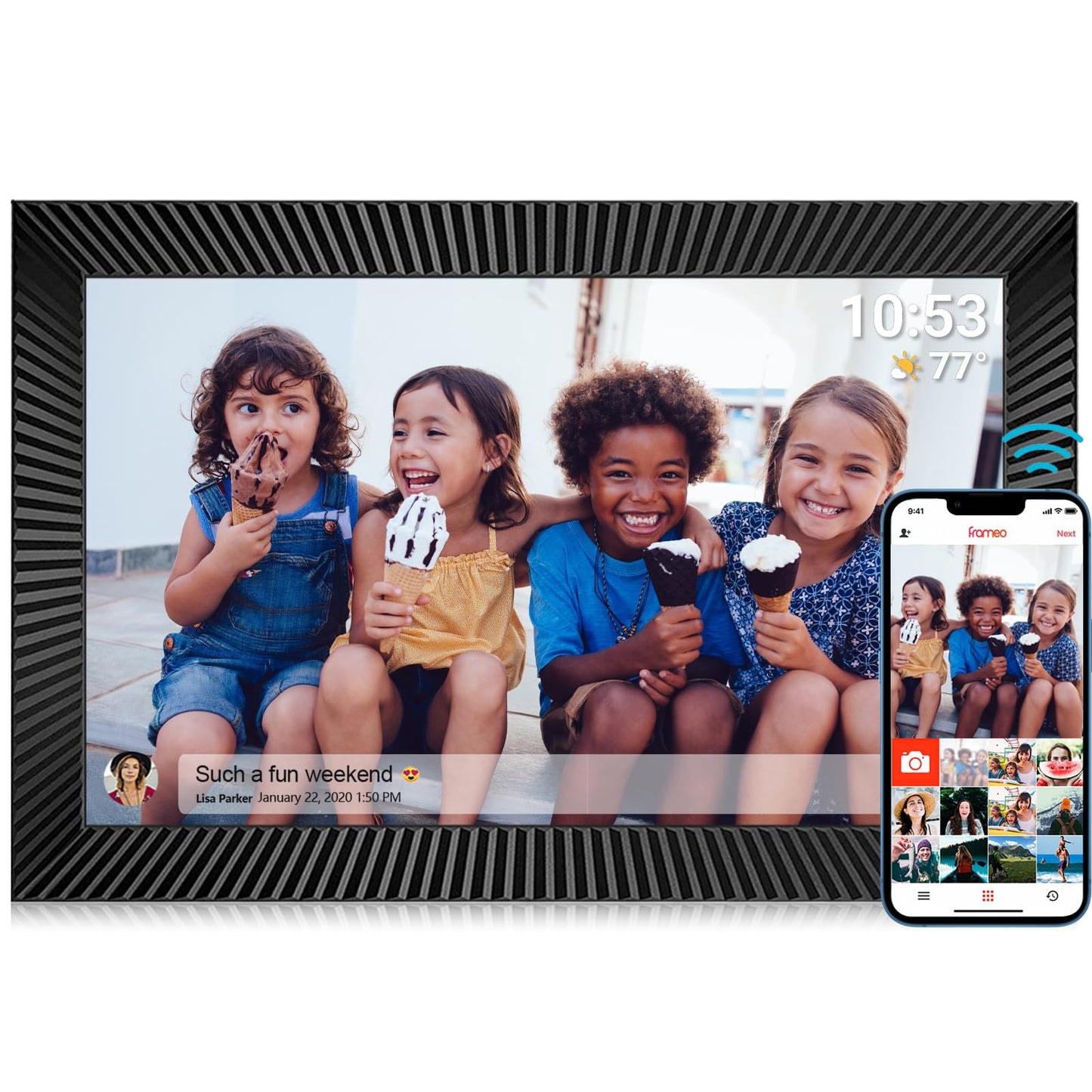 FRAMEO Digital Photo Frame WiFi 32GB 10.1 Inch 1280x800 IPS Touch Screen Digital Picture Frame Easy Setup Share Photo or Video via Frameo APP