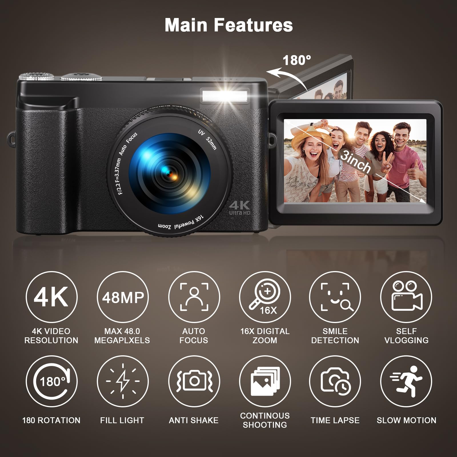 4K Digital Camera for Photography, 48MP Auto-Focus Vlogging Camera for YouTube with SD Card, 16X Digital Zoom Compact Camera with 3" 180° Flip Screen/Anti Shake/Flash, 2 Batteries &amp; Battery Charger