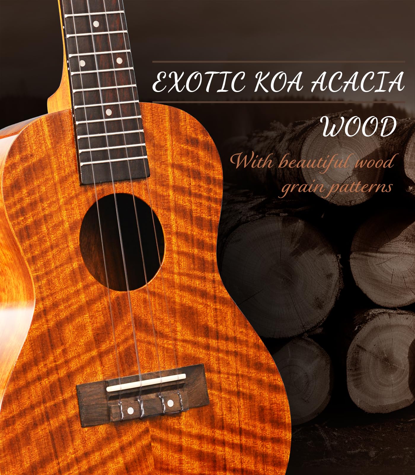 Concert Ukulele, KOA Acacia Wood 23 inch Adults kids Professional Ukelele for Beginners, Hawaiian Ukele Kit with Carbon String, Tuner, Gig Bag, Strap, Guitar Picks, Cleaning Cloth, Folk Style