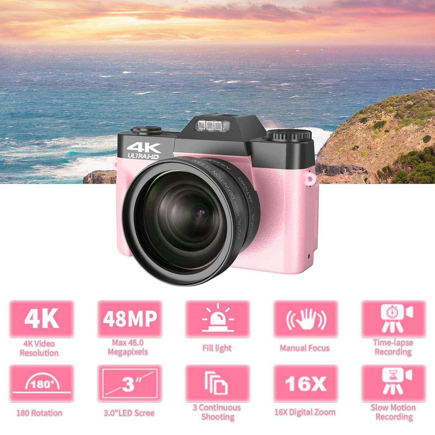 VETEK Digital Cameras for Photography, 4K 48MP Vlogging Camera 16X Digital Zoom Manual Focus Students Compact Camera with 52mm Wide-Angle Lens &amp; Macro Lens, 32G Micro Card and 2 Batteries (Pink)