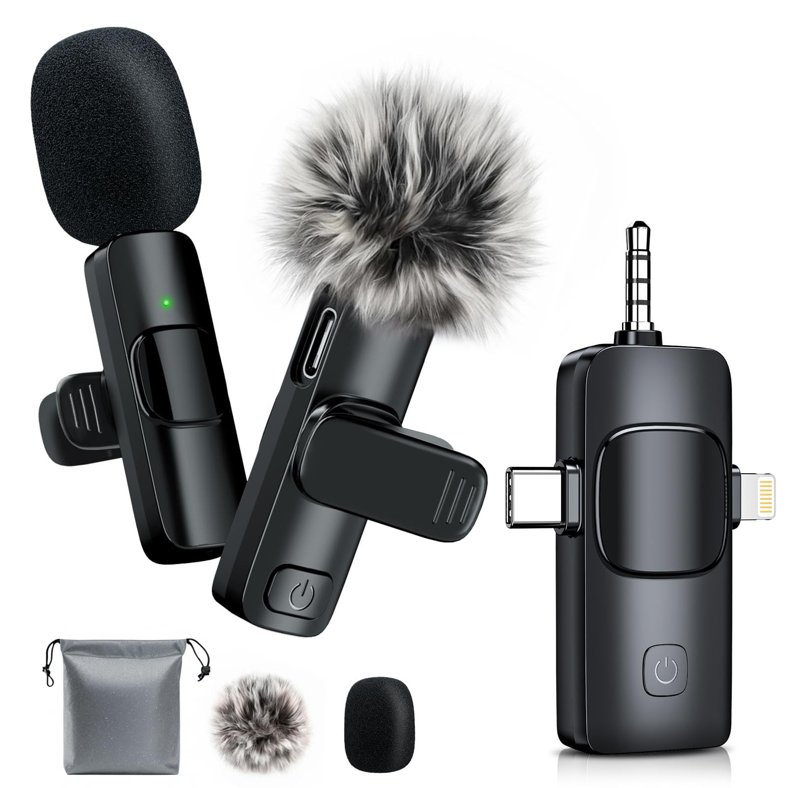 Mini Microphone, 3 in 1 Wireless Lavalier Microphones for iPhone, iPad, Camera and Android Devices, Noise Reduction Lapel Mic, Clip on Mic for Video Recording Vlog, YouTube, Interview