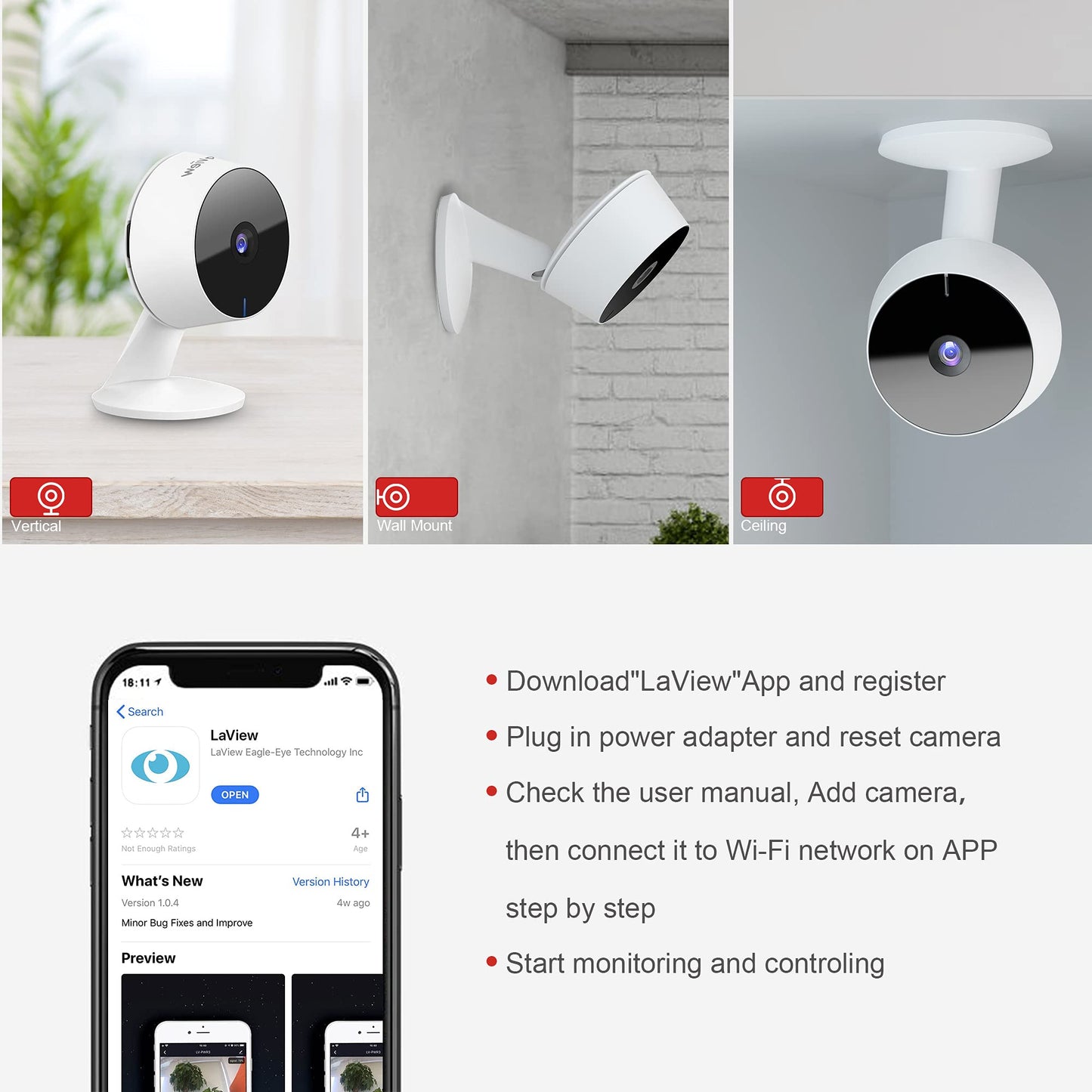 LaView Security Cameras 4pcs, Home Security Camera Indoor 1080P, Wi-Fi Cameras Wired for Pet, Motion Detection, Two-Way Audio, Night Vision, Phone App, Works with Alexa, iOS &amp; Android &amp; Web Access