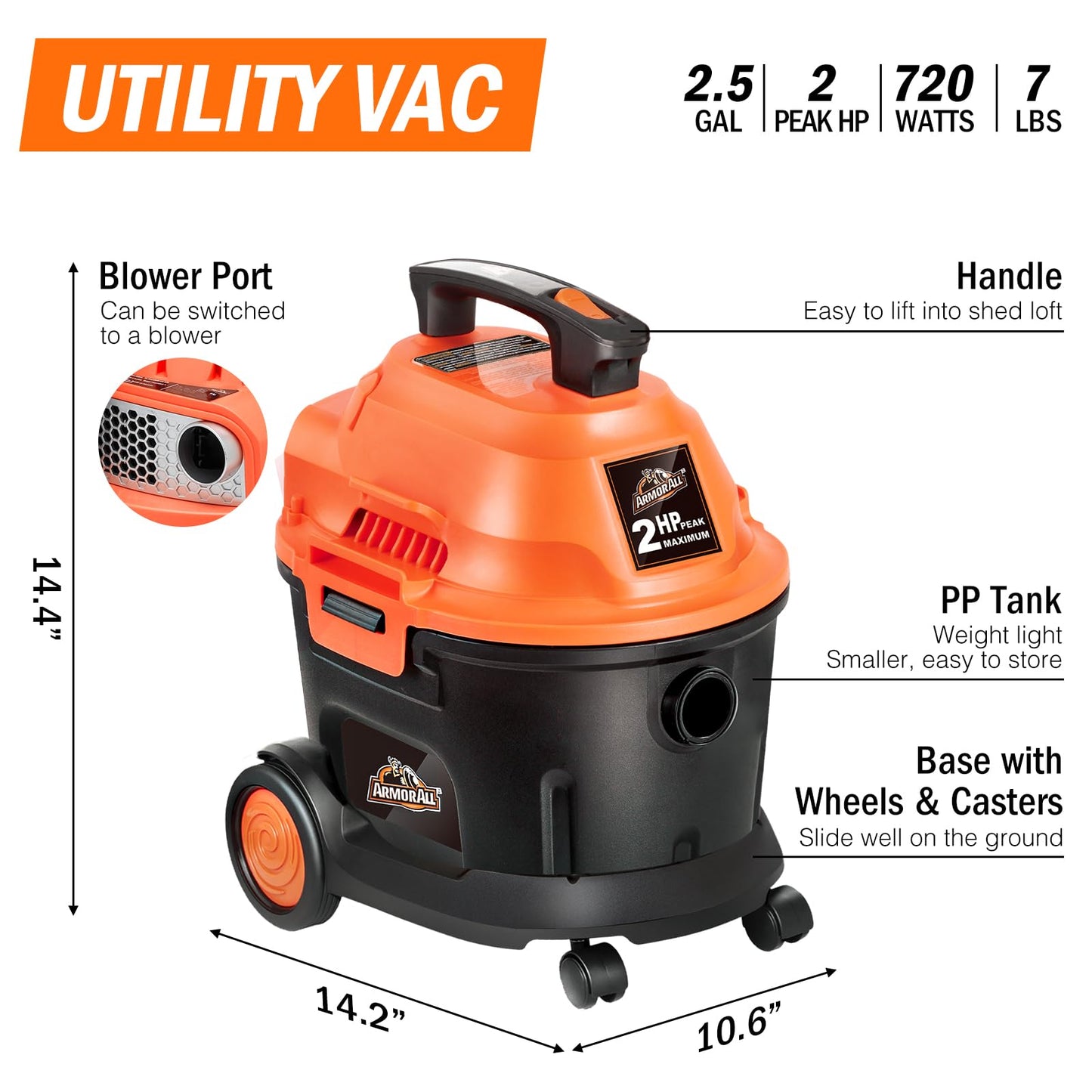 Armor All, AA255 , 2.5 Gallon 2 Peak HP Wet/Dry Utility Shop Vacuum , Orange