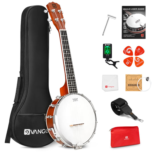 Vangoa Banjolele 23 Inch with Premium Remo Head, Portable Banjo Uke 4 String Banjolele Beginner Kit with Armrest, Concert Mohagony Travel Banjo Ukelele for Kids Children Teens Beginners