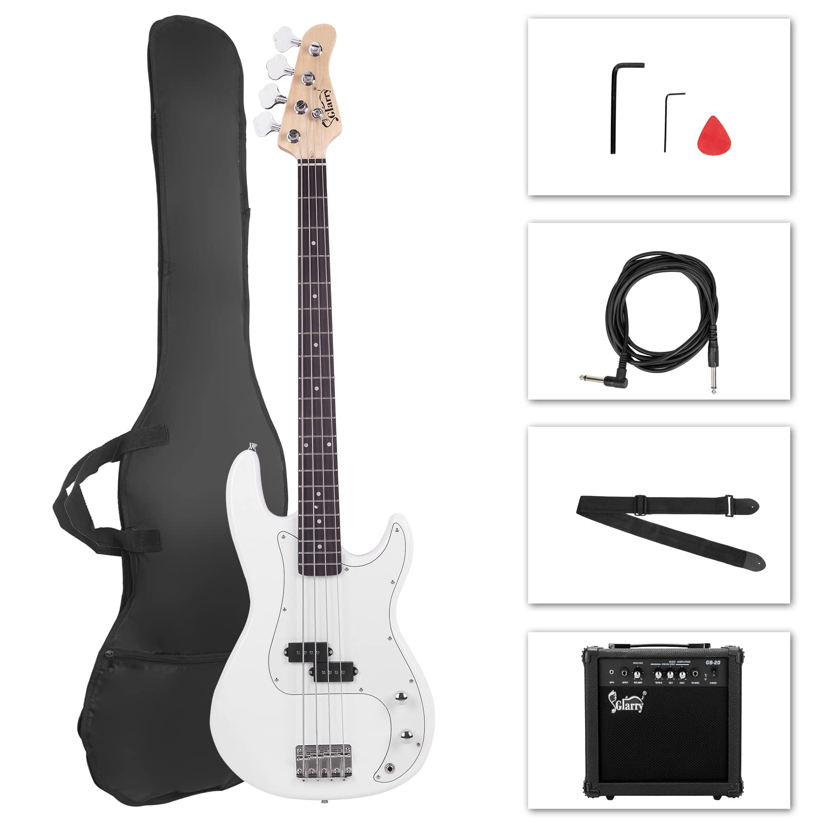 GLARRY Full Size Electric Bass Guitar Beginner Kit 4 String with AMP, Cable, Strap, Bag and Accessories (Black)