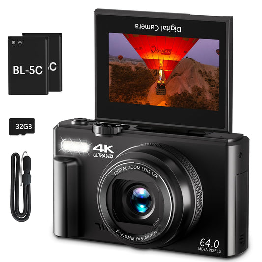 4K Digital Camera for Photography, 64MP Vlogging Camera for YouTube with 3" 180° Flip Screen, 18X Digital Zoom Point and Shoot Camera with 32GB Micro SD Card for Beginner (Black)